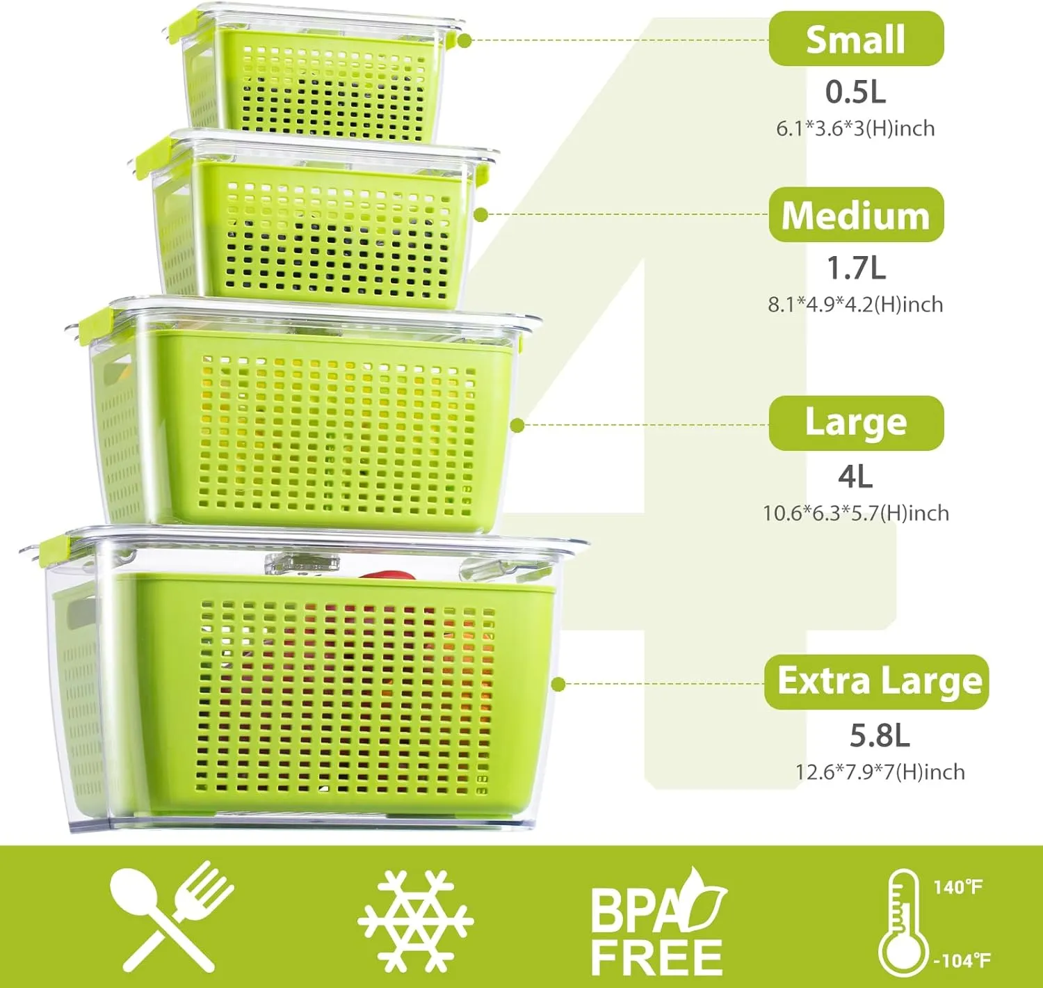 LUXEAR Fruit Vegetable Storage Container, 4 Pack Fresh Containers for Fridge with Lids BPA-Free Produce Refrigerator Organizer for Fruit, Veggie, Berry, Meat Storage Keep Fresh Longer-Green