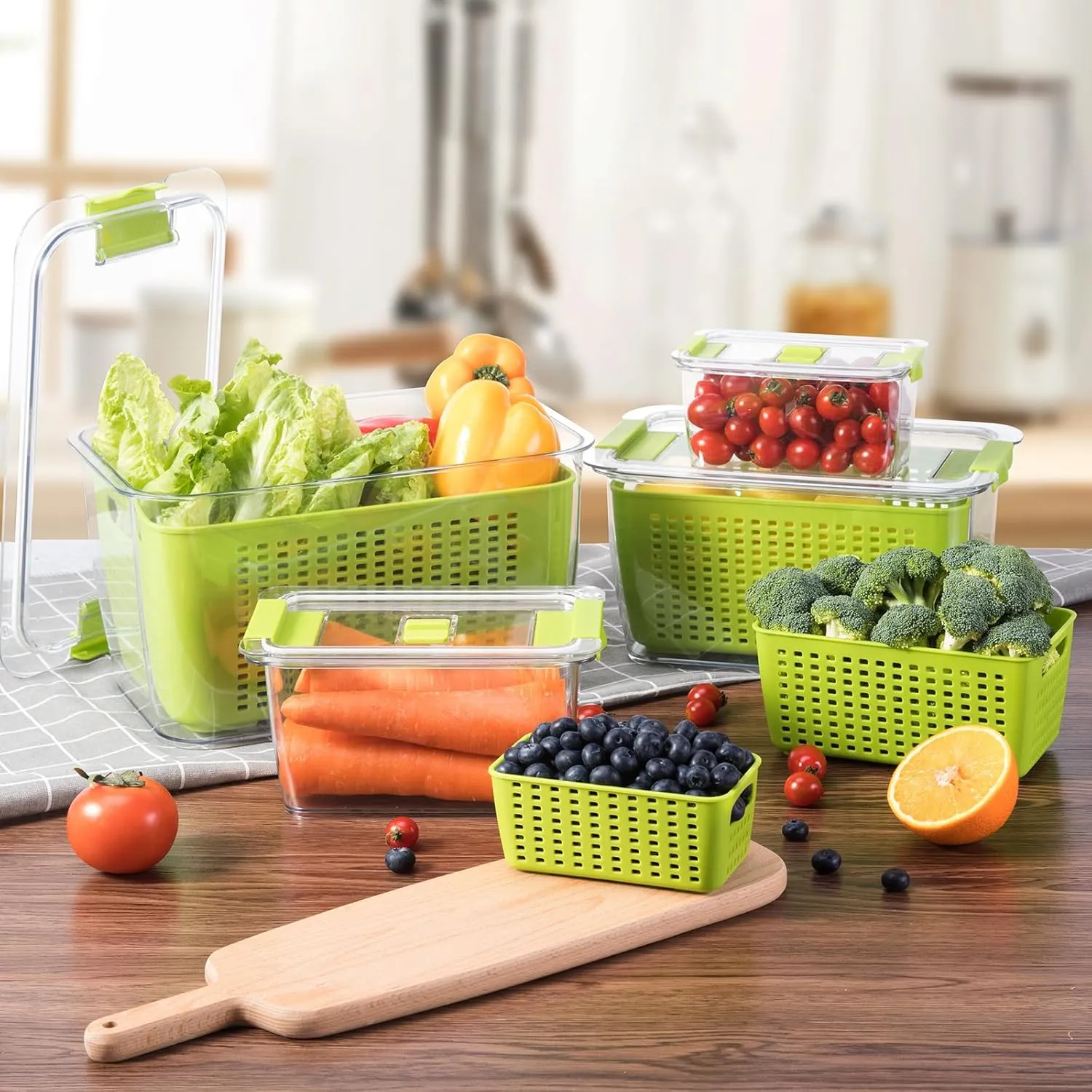 LUXEAR Fruit Vegetable Storage Container, 4 Pack Fresh Containers for Fridge with Lids BPA-Free Produce Refrigerator Organizer for Fruit, Veggie, Berry, Meat Storage Keep Fresh Longer-Green