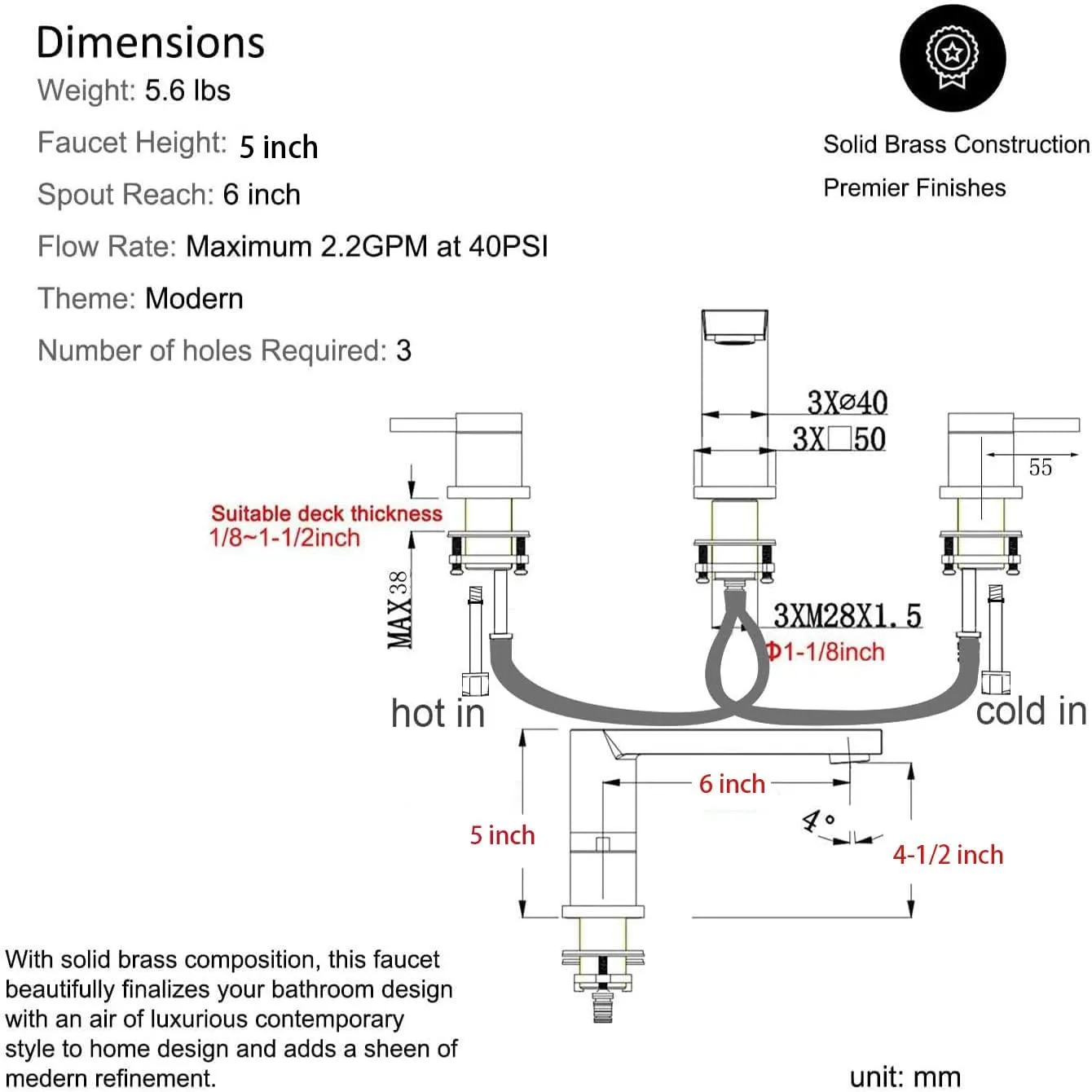 Luxury Brass Modern Widespread Bathroom Sink Faucets with Copper Valve for 3 Hole 2-Handle 8 Inch Deck Bathroom Vanity Faucet, &Stainless Steel Pop-up Drain Assembly, Brushed Champagne Gold