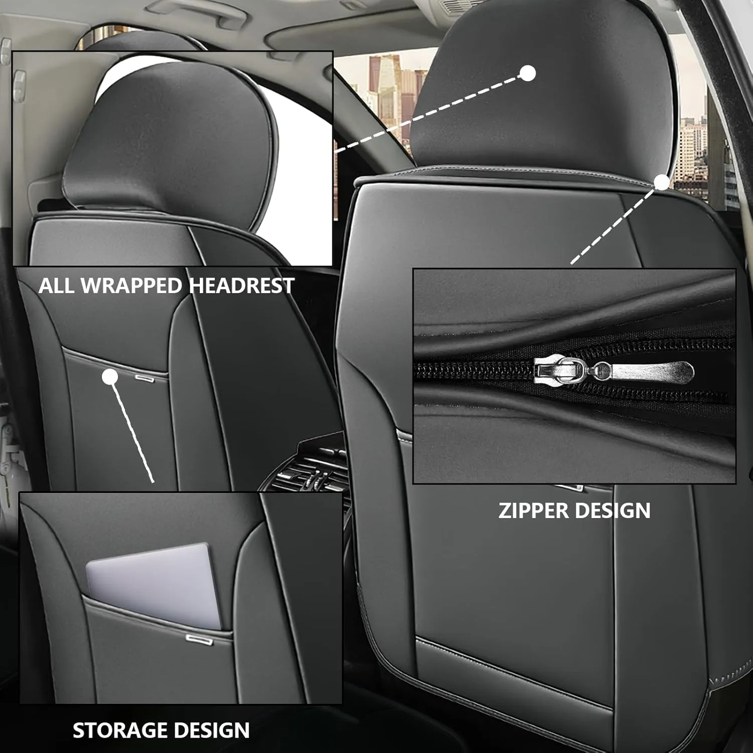 Luxury Car Seat Covers for Land Rover Discovery Sport 2015-2025,Waterproof Soft Breathable PU Leather Seat Cover with Storage Pockets(Gray&White,Front Set with Pillow)