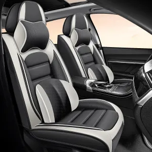 Luxury Car Seat Covers for Land Rover Discovery Sport 2015-2025,Waterproof Soft Breathable PU Leather Seat Cover with Storage Pockets(Gray&White,Front Set with Pillow)