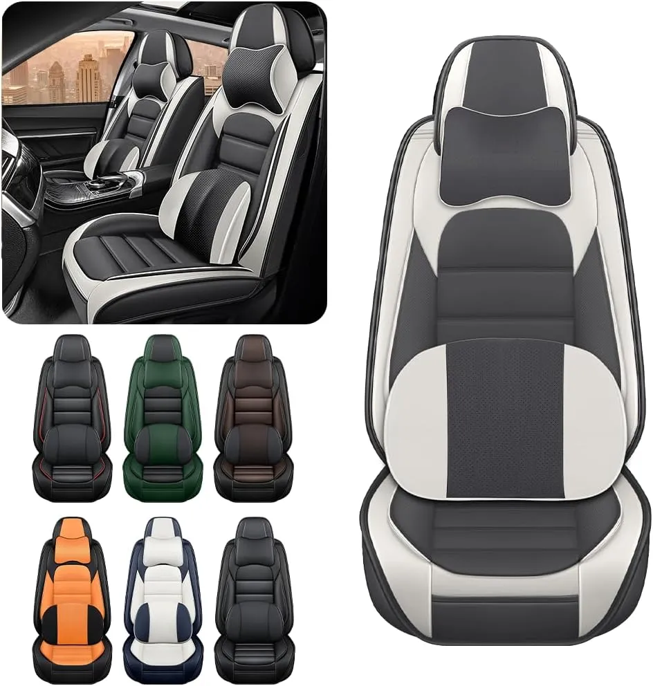 Luxury Car Seat Covers for Land Rover Discovery Sport 2015-2025,Waterproof Soft Breathable PU Leather Seat Cover with Storage Pockets(Gray&White,Front Set with Pillow)