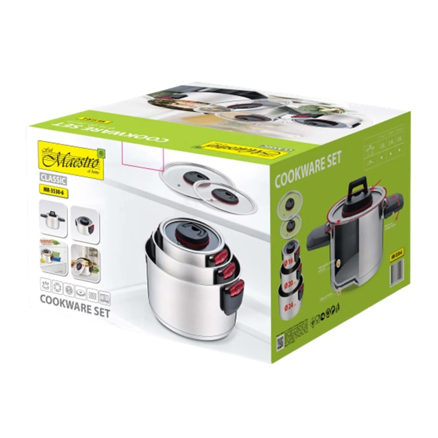 Maestro MR-3530-6 Cooking Pots Saucepan Cookware Set 6 Pieces Stainless Steel Foldable Plastic Handles Induction Gas Electric Stove Compatible