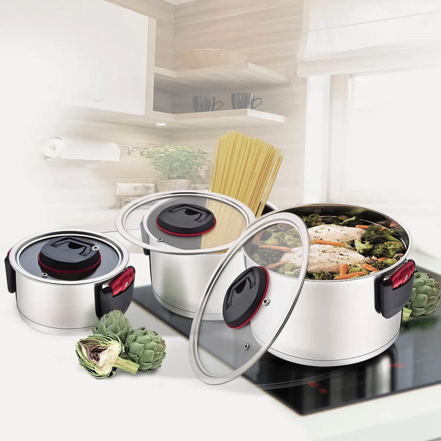 Maestro MR-3530-6 Cooking Pots Saucepan Cookware Set 6 Pieces Stainless Steel Foldable Plastic Handles Induction Gas Electric Stove Compatible
