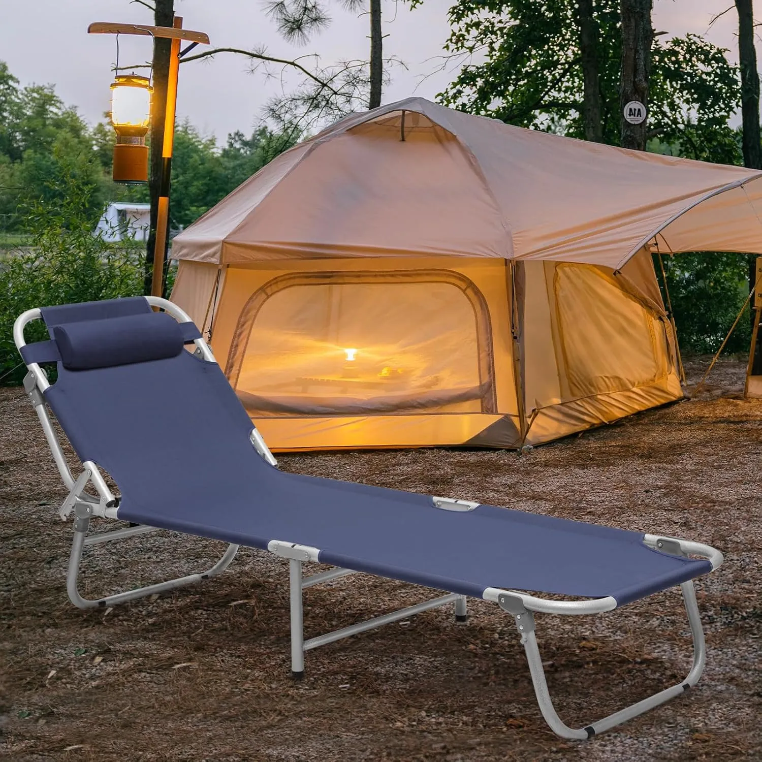 Magshion 75" Camping Cot for Adults, 4 Adjustable Backrest Ultralight Folding Cot for Sleeping, Portable Sleeping Bed with Detachable Pillow for Travel Home Office Picnic, Supports 300 lbs, Navy Blue