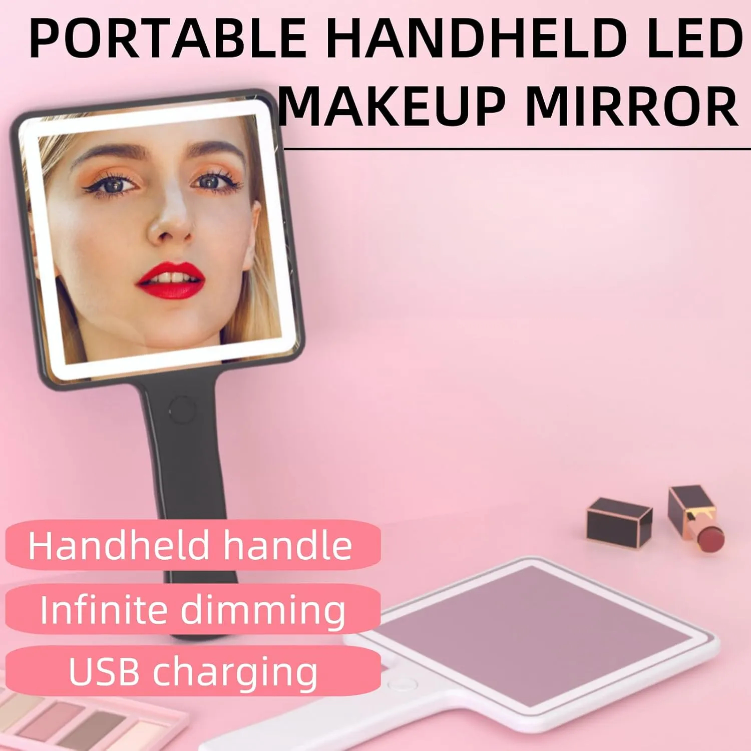 Makeup Mirror Vanity Mirror with Lights, Square Handheld Makeup Mirror, Button Switch, USB Charging, Portable LED Makeup Mirror, Women Gift for Vanity Desk Tabletop (White)
