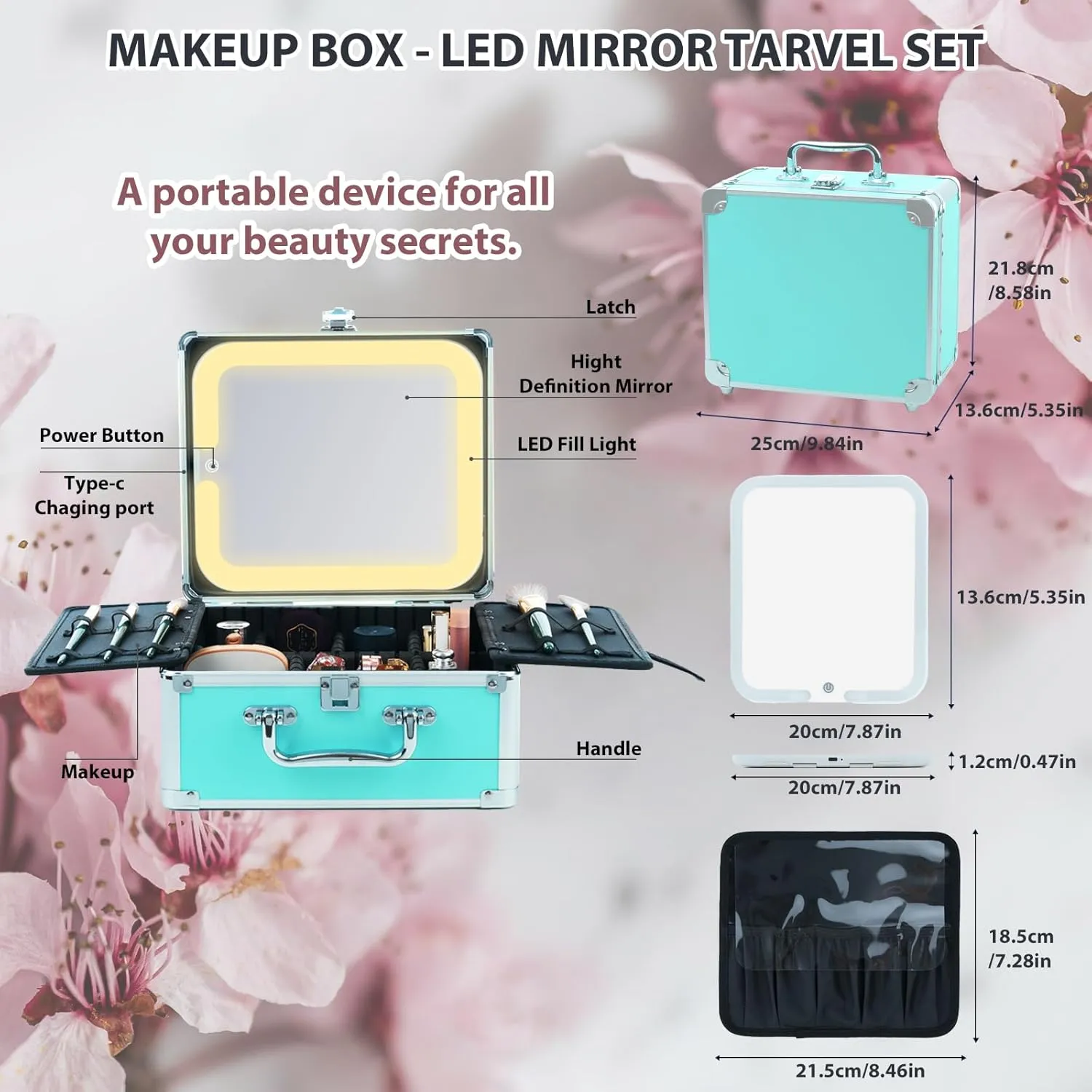 Makeup Organizer Box with Detachable Lighted Mirror, Travel Train Cosmetic Case, Adjustable Divider Storage Bag, Portable Artist Storage Suitcase with Magnetic LED Mirror - Mint