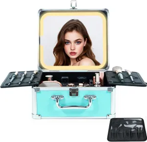 Makeup Organizer Box with Detachable Lighted Mirror, Travel Train Cosmetic Case, Adjustable Divider Storage Bag, Portable Artist Storage Suitcase with Magnetic LED Mirror - Mint