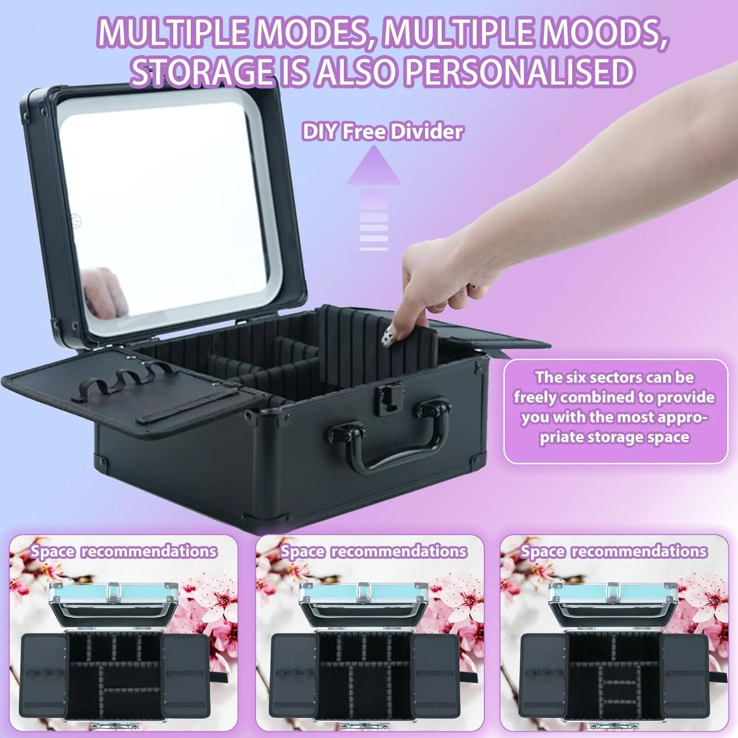 Makeup Organizer Box with Detachable Lighted Mirror, Travel Train Cosmetic Case, Adjustable Divider Storage Bag, Portable Artist Storage Suitcase with Magnetic LED Mirror - Mint