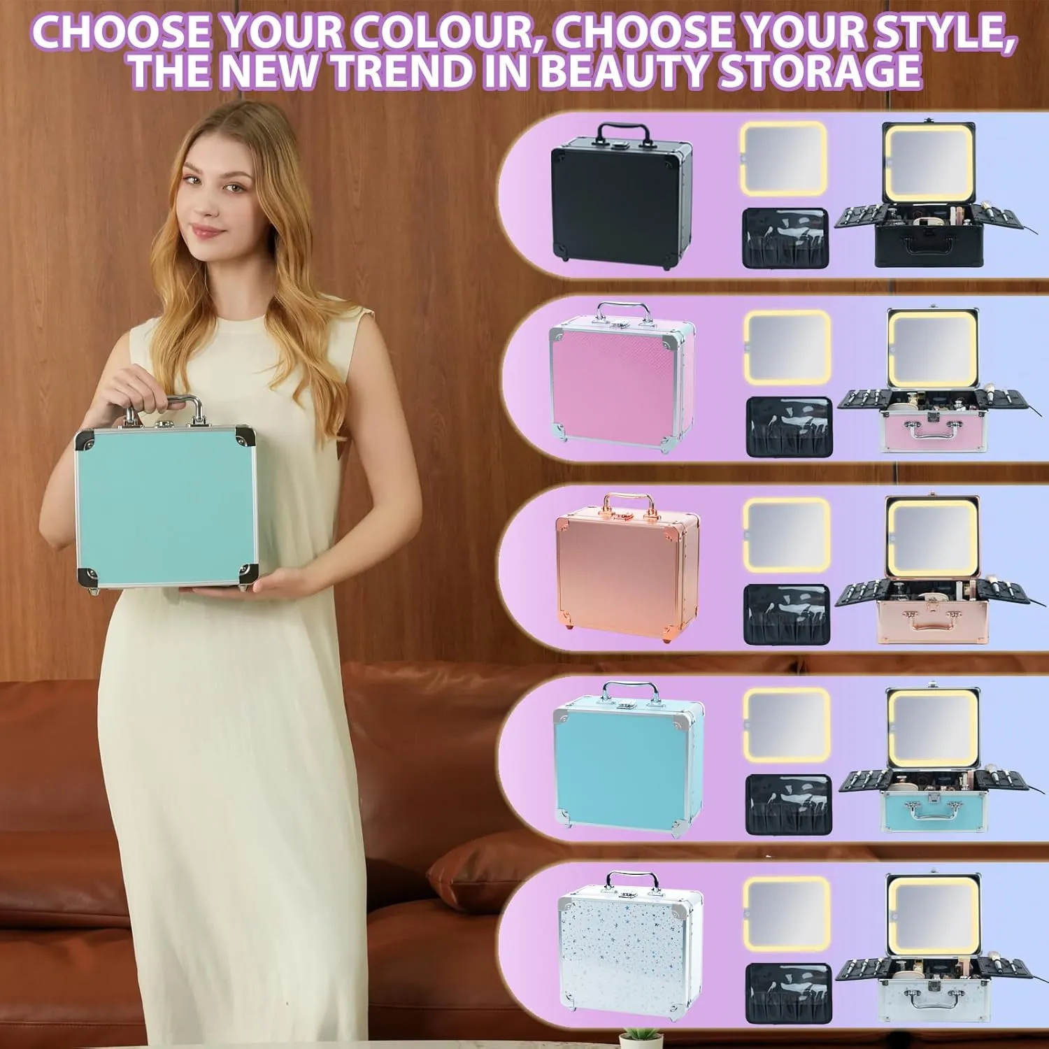 Makeup Organizer Box with Detachable Lighted Mirror, Travel Train Cosmetic Case, Adjustable Divider Storage Bag, Portable Artist Storage Suitcase with Magnetic LED Mirror - Mint