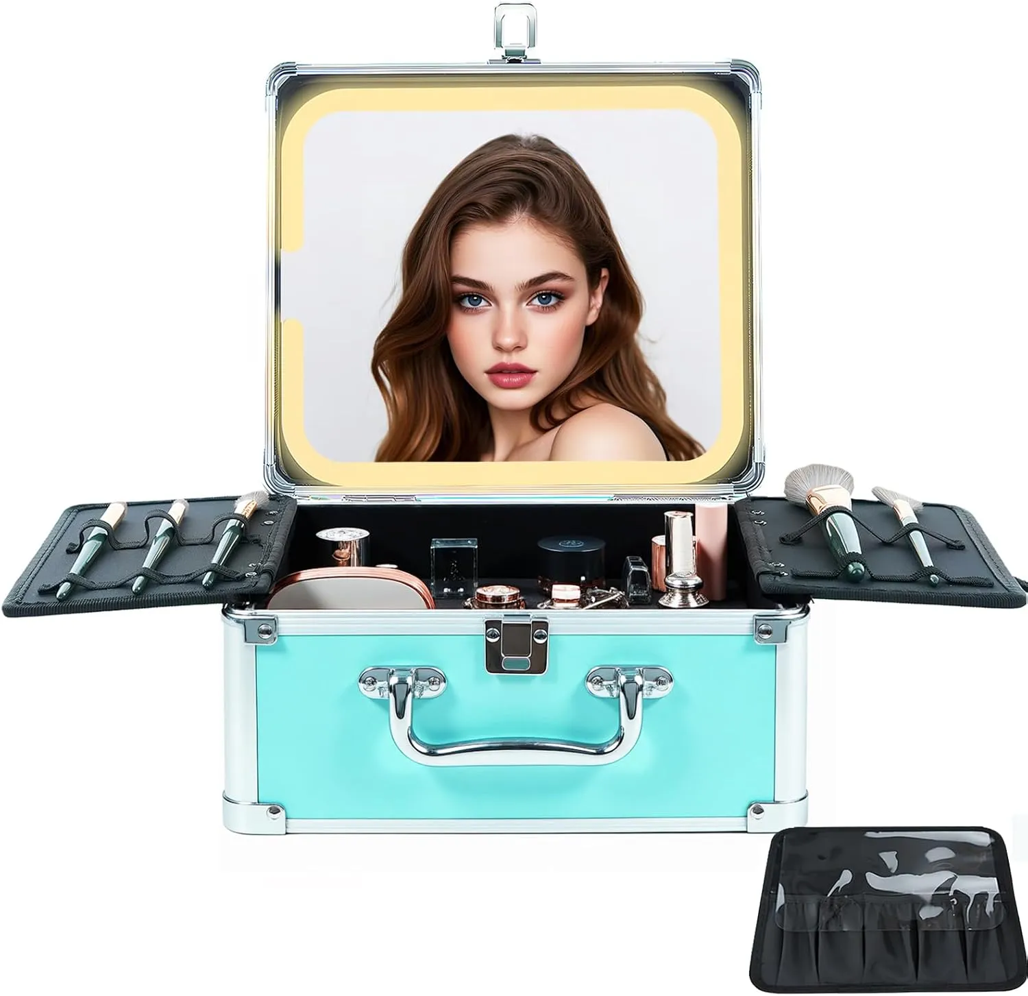 Makeup Organizer Box with Detachable Lighted Mirror, Travel Train Cosmetic Case, Adjustable Divider Storage Bag, Portable Artist Storage Suitcase with Magnetic LED Mirror - Mint