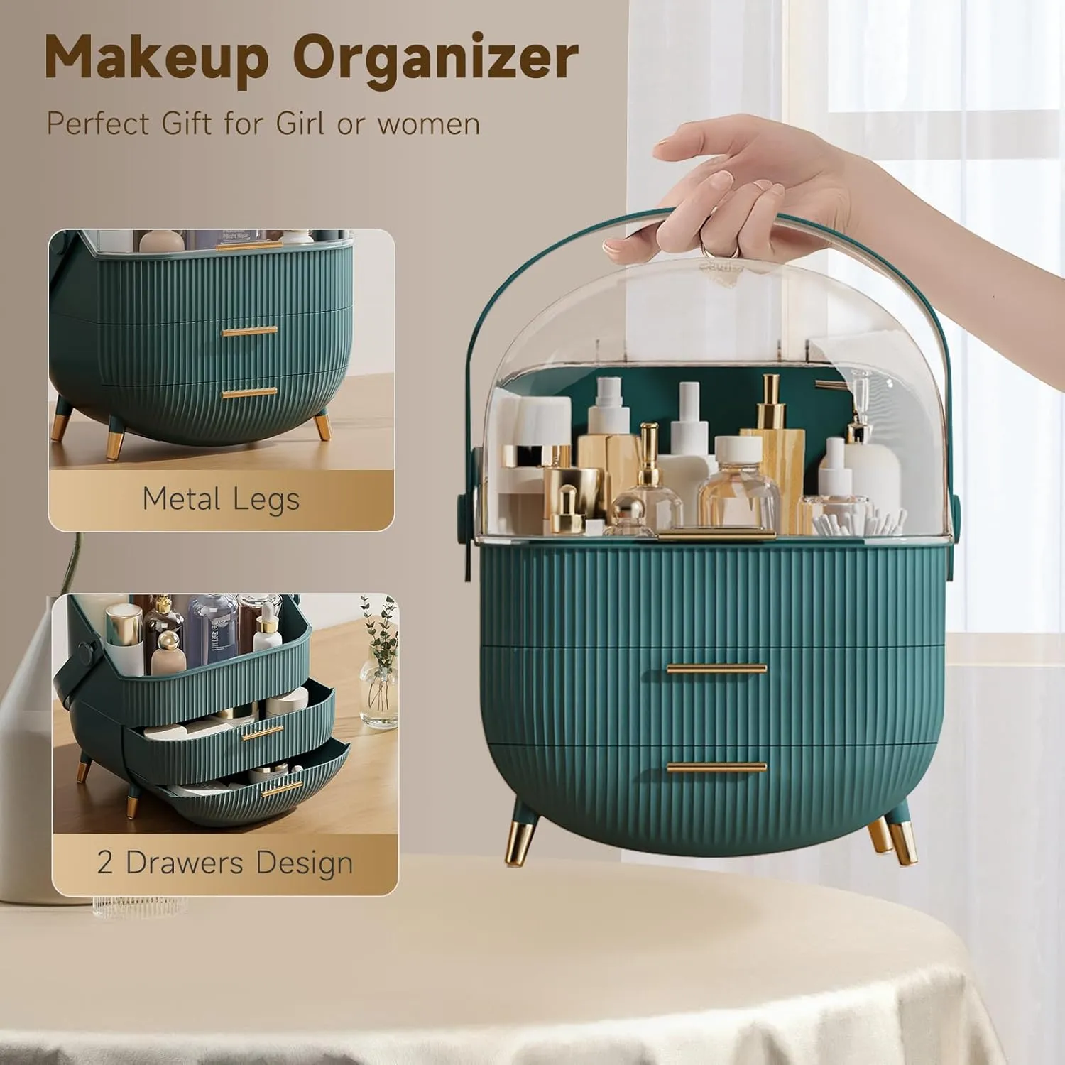 Makeup Storage Organizer with Lid, Waterproof Cosmetics Skincare Organizer for Vanity, Portable Makeup Storage Box for Countertop, Gifts, Women (Green)