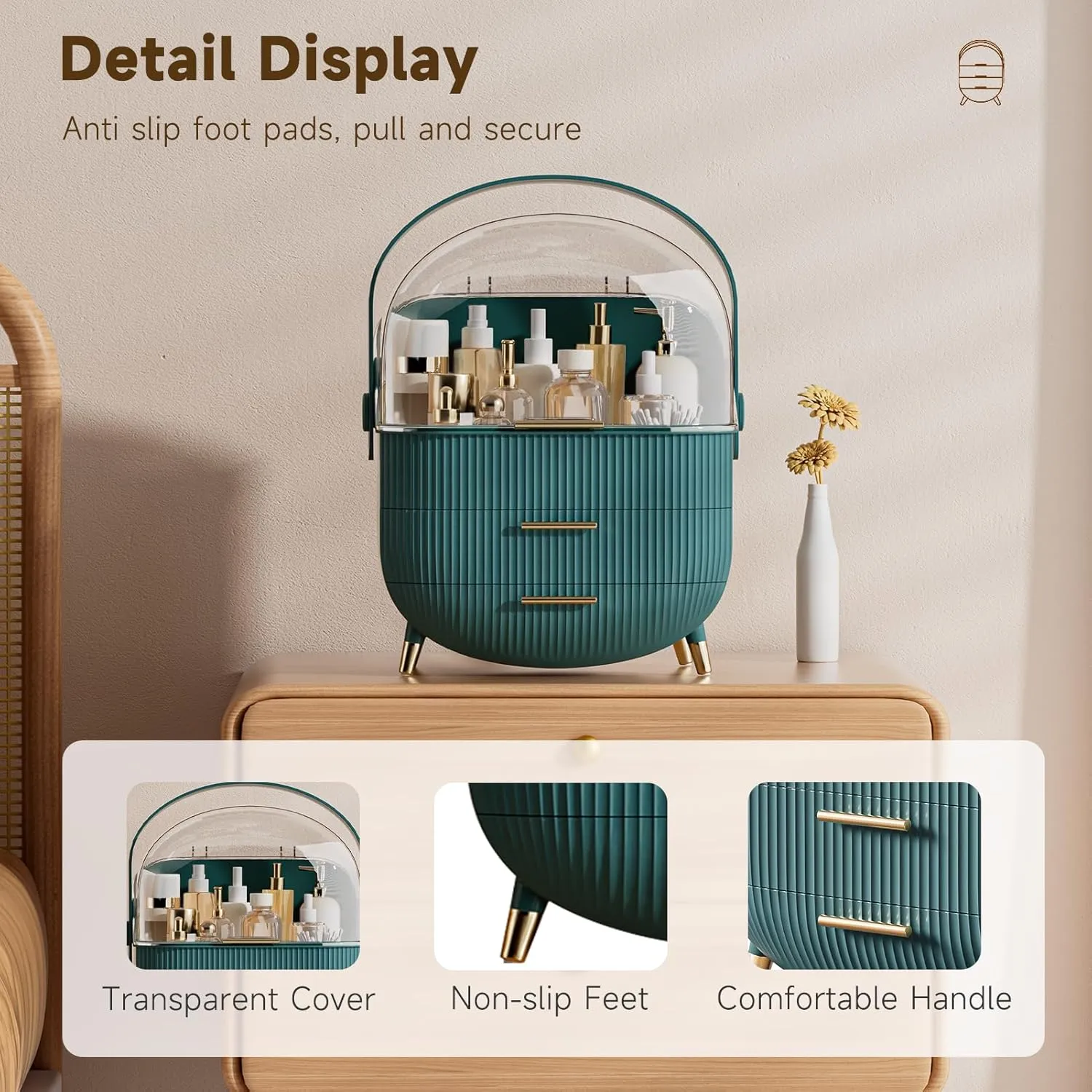 Makeup Storage Organizer with Lid, Waterproof Cosmetics Skincare Organizer for Vanity, Portable Makeup Storage Box for Countertop, Gifts, Women (Green)