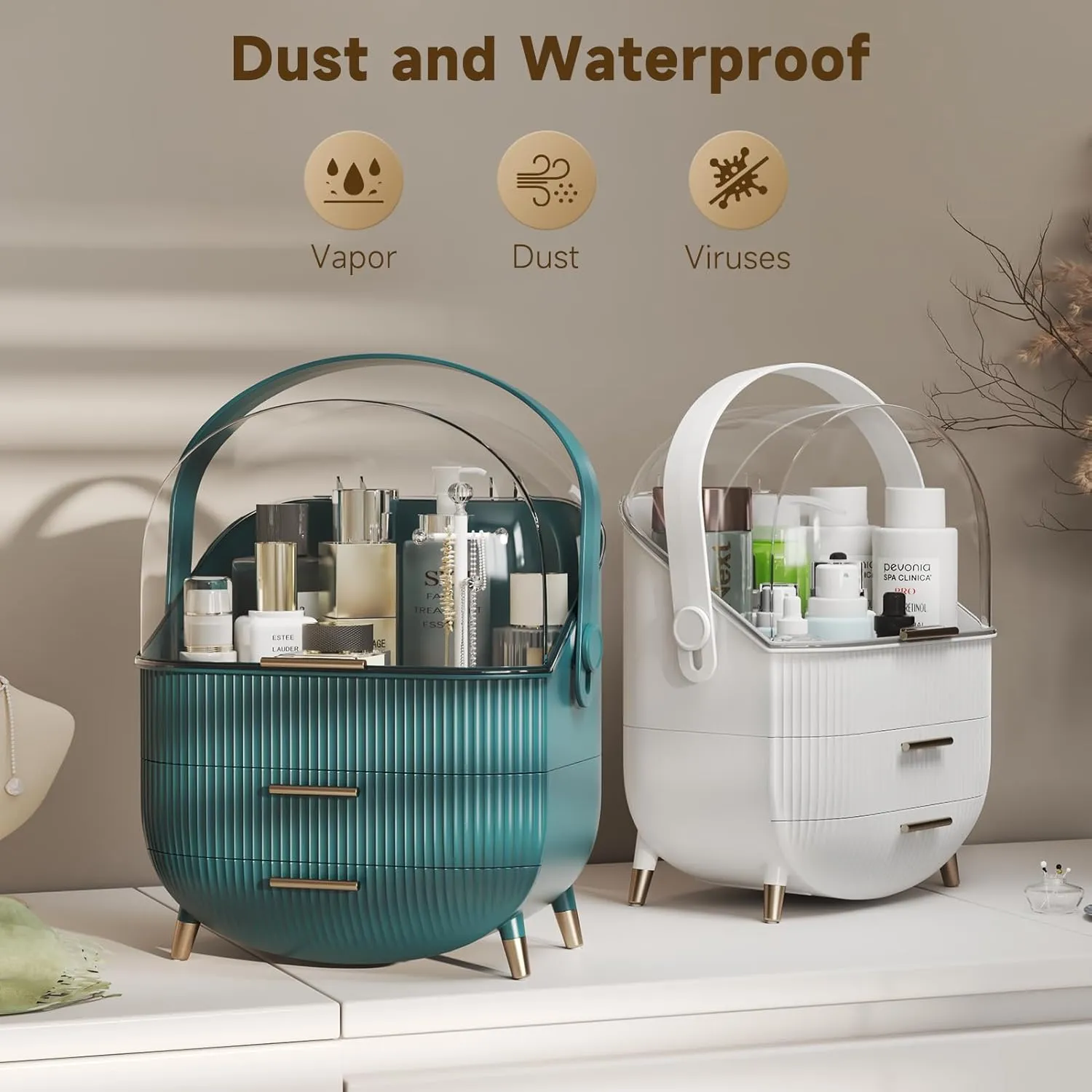 Makeup Storage Organizer with Lid, Waterproof Cosmetics Skincare Organizer for Vanity, Portable Makeup Storage Box for Countertop, Gifts, Women (Green)