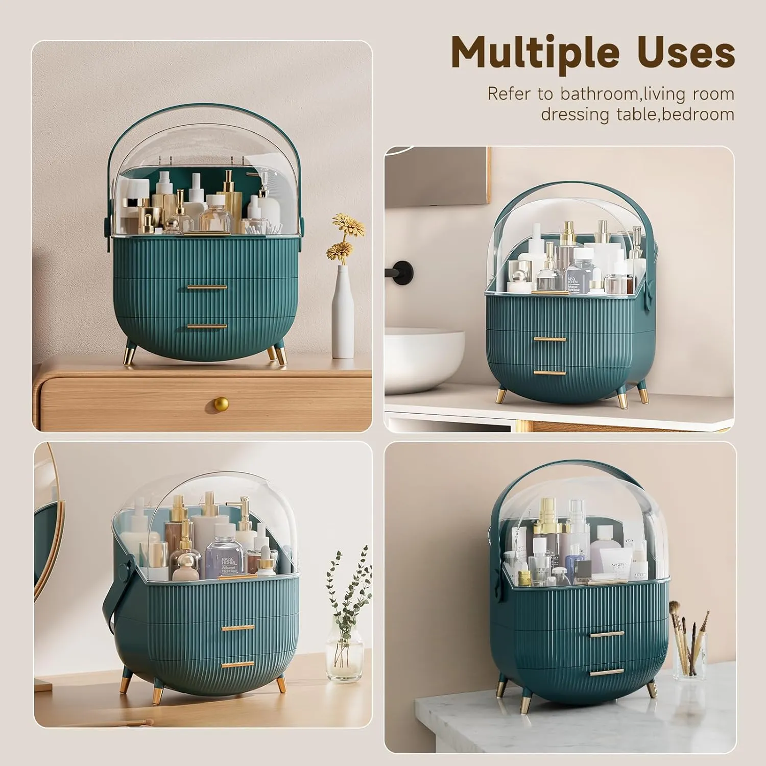 Makeup Storage Organizer with Lid, Waterproof Cosmetics Skincare Organizer for Vanity, Portable Makeup Storage Box for Countertop, Gifts, Women (Green)