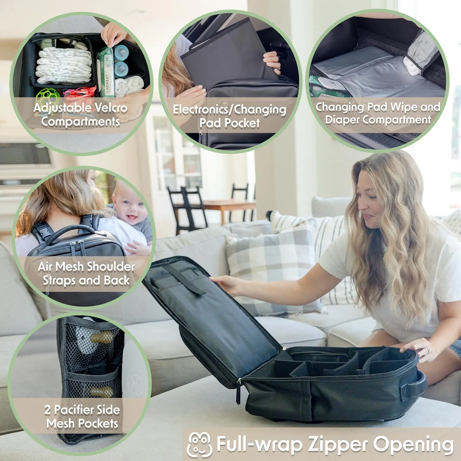 MAPAII Minimalistic Vegan Leather Travel Backpack Waterproof Boy Girl Diaper Bag, changing pad – Large, pump storage, 3 insulated pockets, stroller straps, padded, easy-access airplane, modern, black