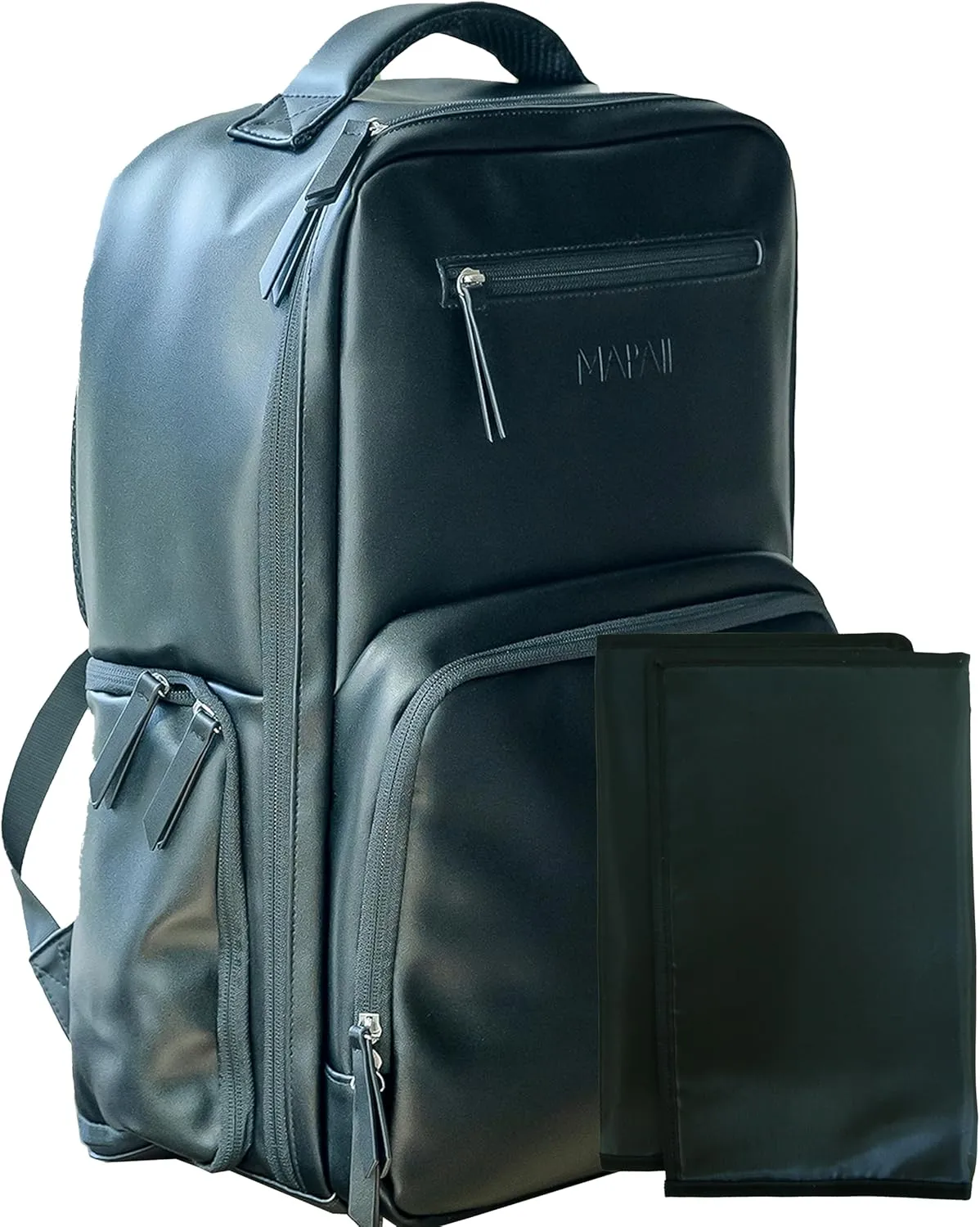 MAPAII Minimalistic Vegan Leather Travel Backpack Waterproof Boy Girl Diaper Bag, changing pad – Large, pump storage, 3 insulated pockets, stroller straps, padded, easy-access airplane, modern, black