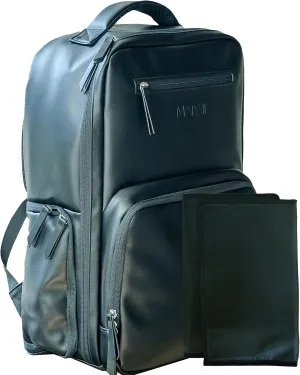 MAPAII Minimalistic Vegan Leather Travel Backpack Waterproof Boy Girl Diaper Bag, changing pad – Large, pump storage, 3 insulated pockets, stroller straps, padded, easy-access airplane, modern, black