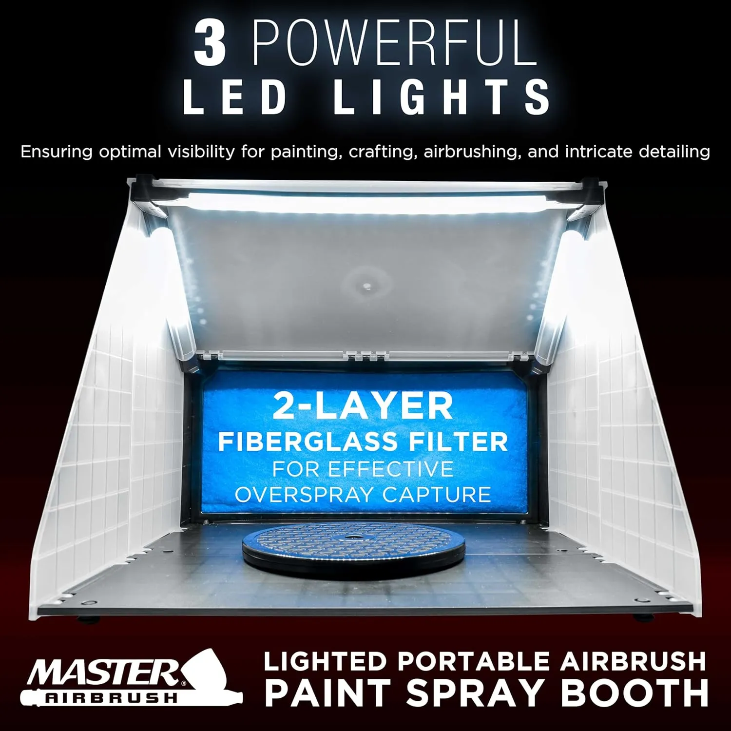 Master Airbrush Lighted Airbrush Station Hobby Portable Spray Paint Booth with LED Lighting - Portable, Lightweight with 25W Fan, 16.5"x19"x13.5", Turntable, 6' Exhaust Hose, Painting Booth, Indoor