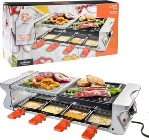MasterChef Dual Raclette Table Grill w Non-Stick Grilling Plate & Cooking Stone- 8 Person Electric Tabletop Cooker for Korean BBQ-Melt Cheese, Cook Meat & Veggies at Once-(19" x 8") Birthday Gift