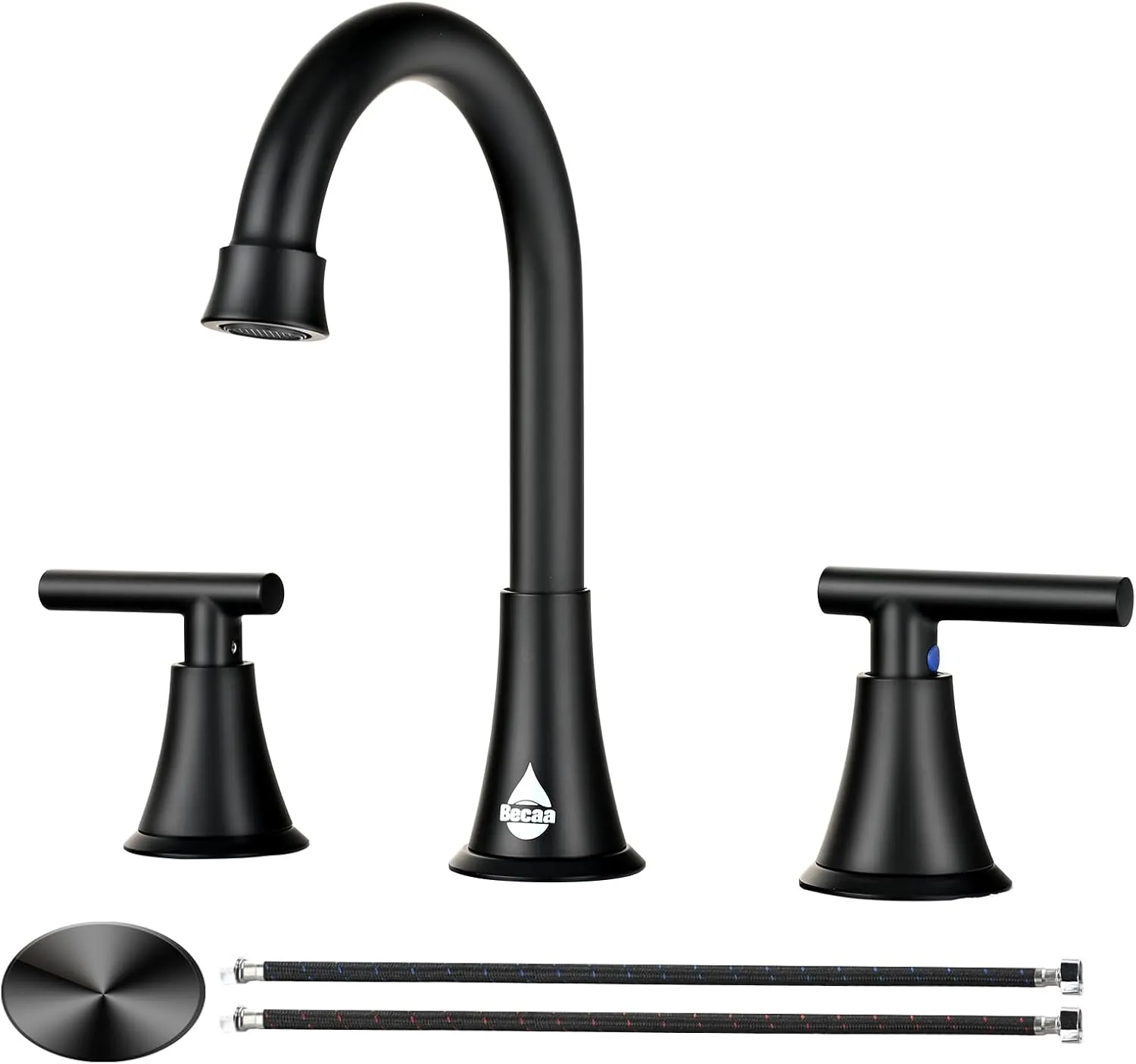 Matte Black Bathroom Sink Faucet, 8 Inch Widespread 3 Hole Stainless Steel, 2 Handle 360° Swivel Spout Bathroom Faucet with Pop-up Drain & Supply Hoses for Bathroom Vanity Lavatory