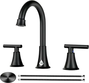 Matte Black Bathroom Sink Faucet, 8 Inch Widespread 3 Hole Stainless Steel, 2 Handle 360° Swivel Spout Bathroom Faucet with Pop-up Drain & Supply Hoses for Bathroom Vanity Lavatory