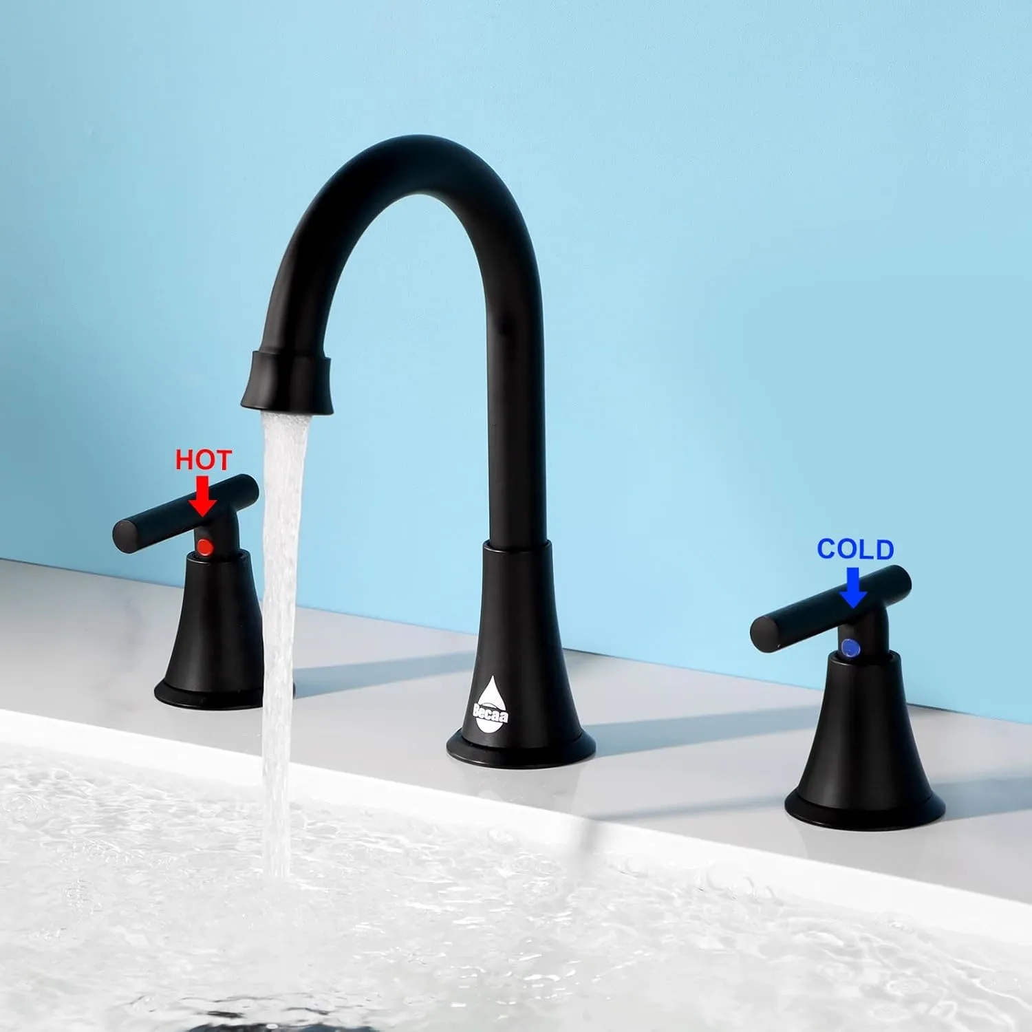 Matte Black Bathroom Sink Faucet, 8 Inch Widespread 3 Hole Stainless Steel, 2 Handle 360° Swivel Spout Bathroom Faucet with Pop-up Drain & Supply Hoses for Bathroom Vanity Lavatory