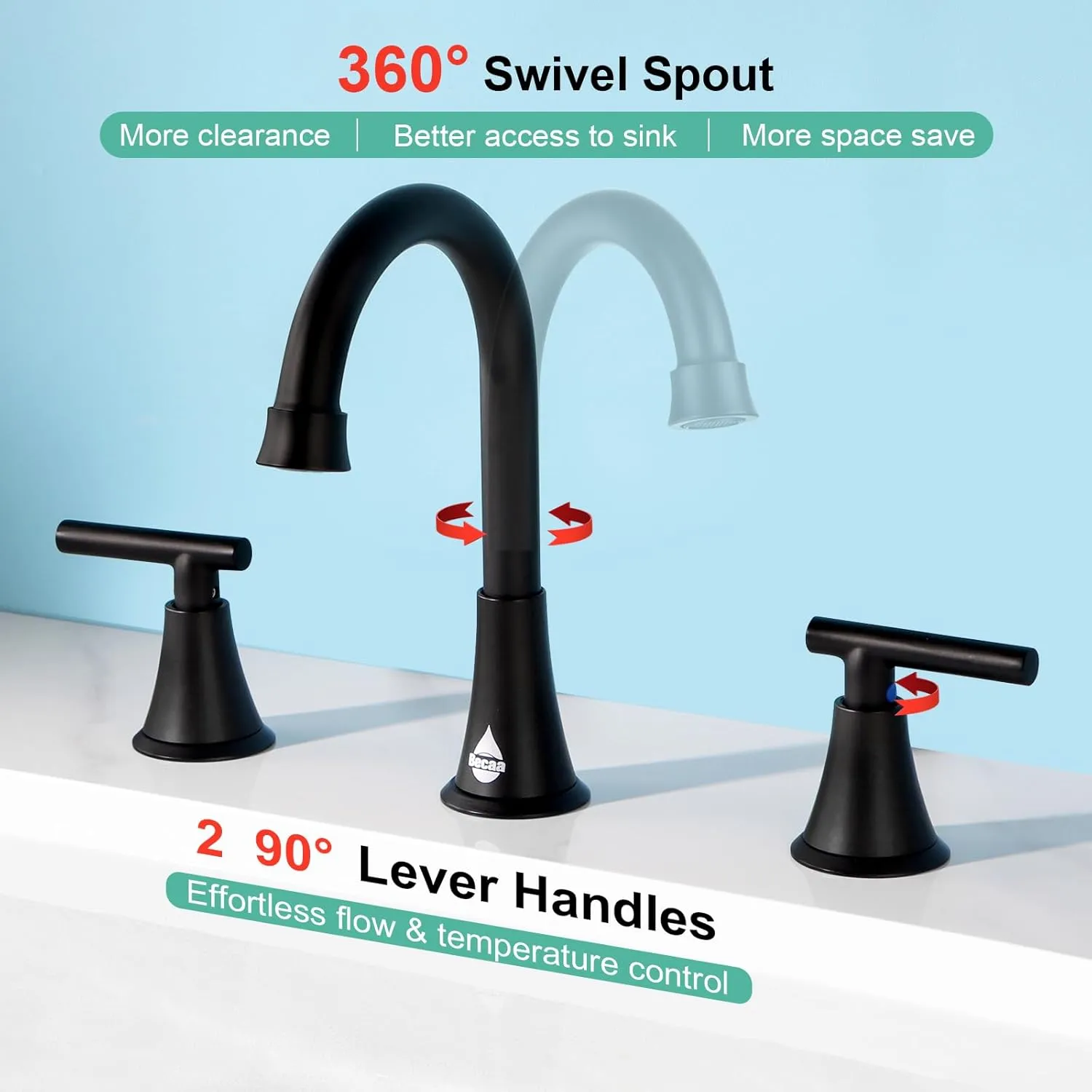 Matte Black Bathroom Sink Faucet, 8 Inch Widespread 3 Hole Stainless Steel, 2 Handle 360° Swivel Spout Bathroom Faucet with Pop-up Drain & Supply Hoses for Bathroom Vanity Lavatory