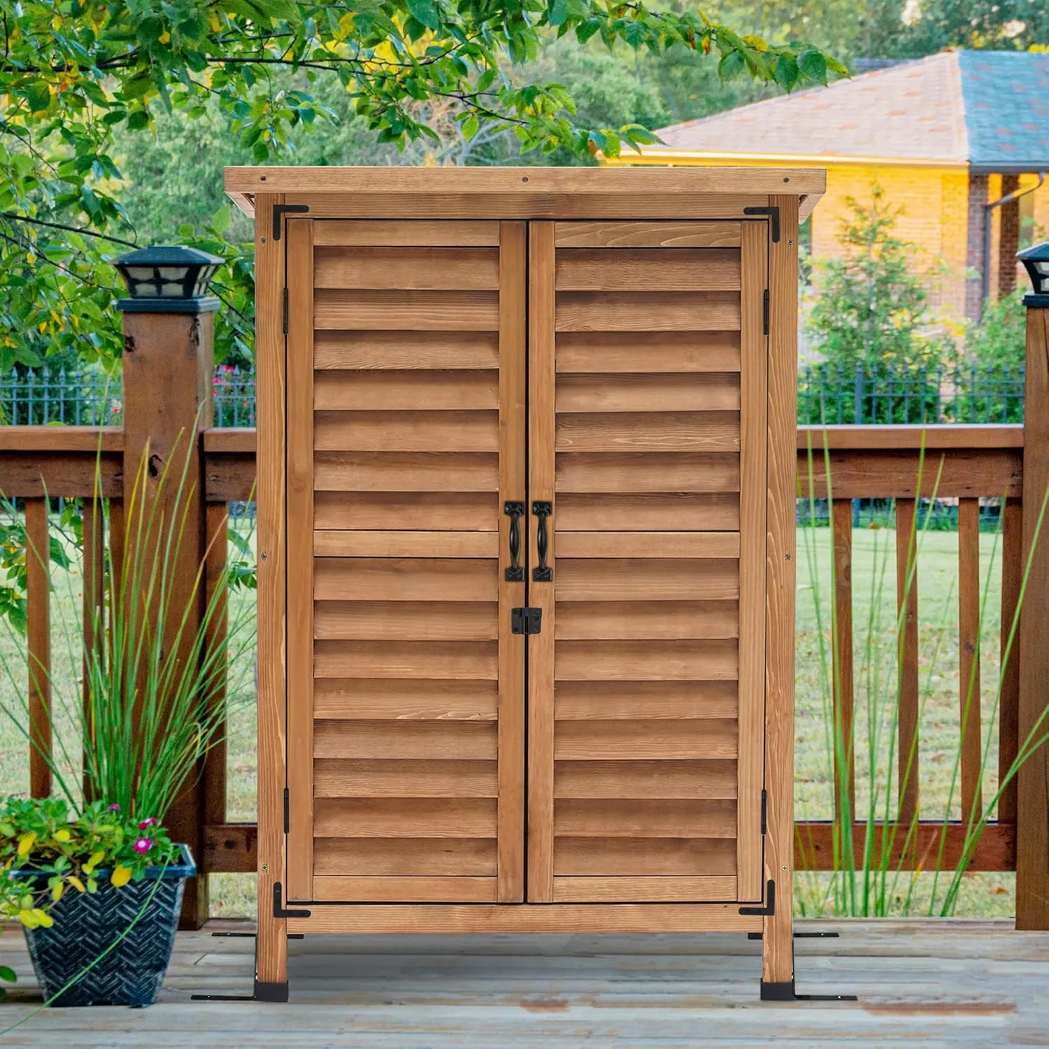 MCombo Outdoor Storage Cabinet, Small Storage Shed with Removable Shelf, Wood Garden Shed with 2 Doors for Yard Patio Lawn (24.6 x 18.3 x 38.2 inch) 0985 (Yellow)