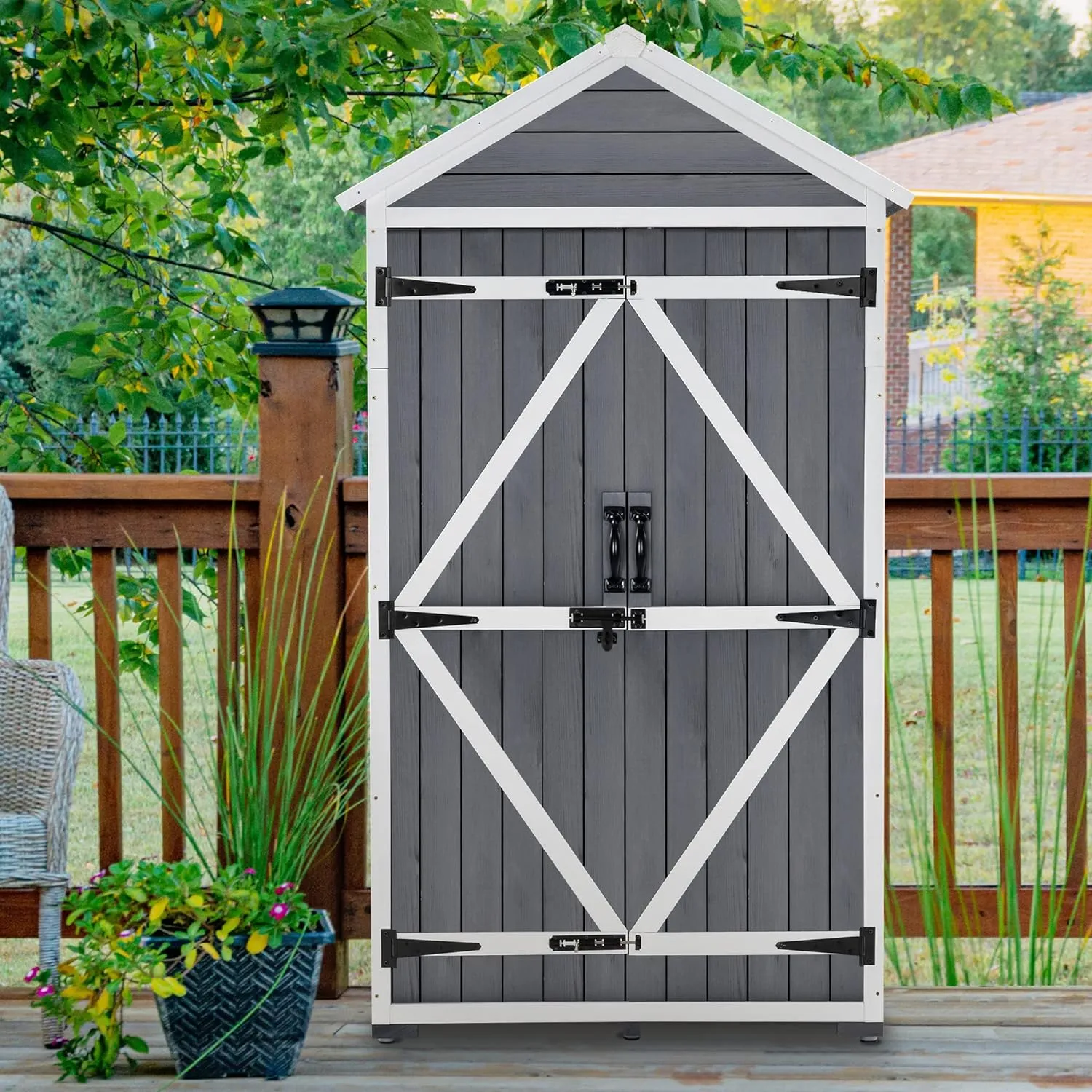 MCombo Outdoor Storage Cabinet with 2 Shelves, Outside Storage Shed with Floor, Wooden Garden Tool Shed with Latch for Yard Deck Lawn, 1000