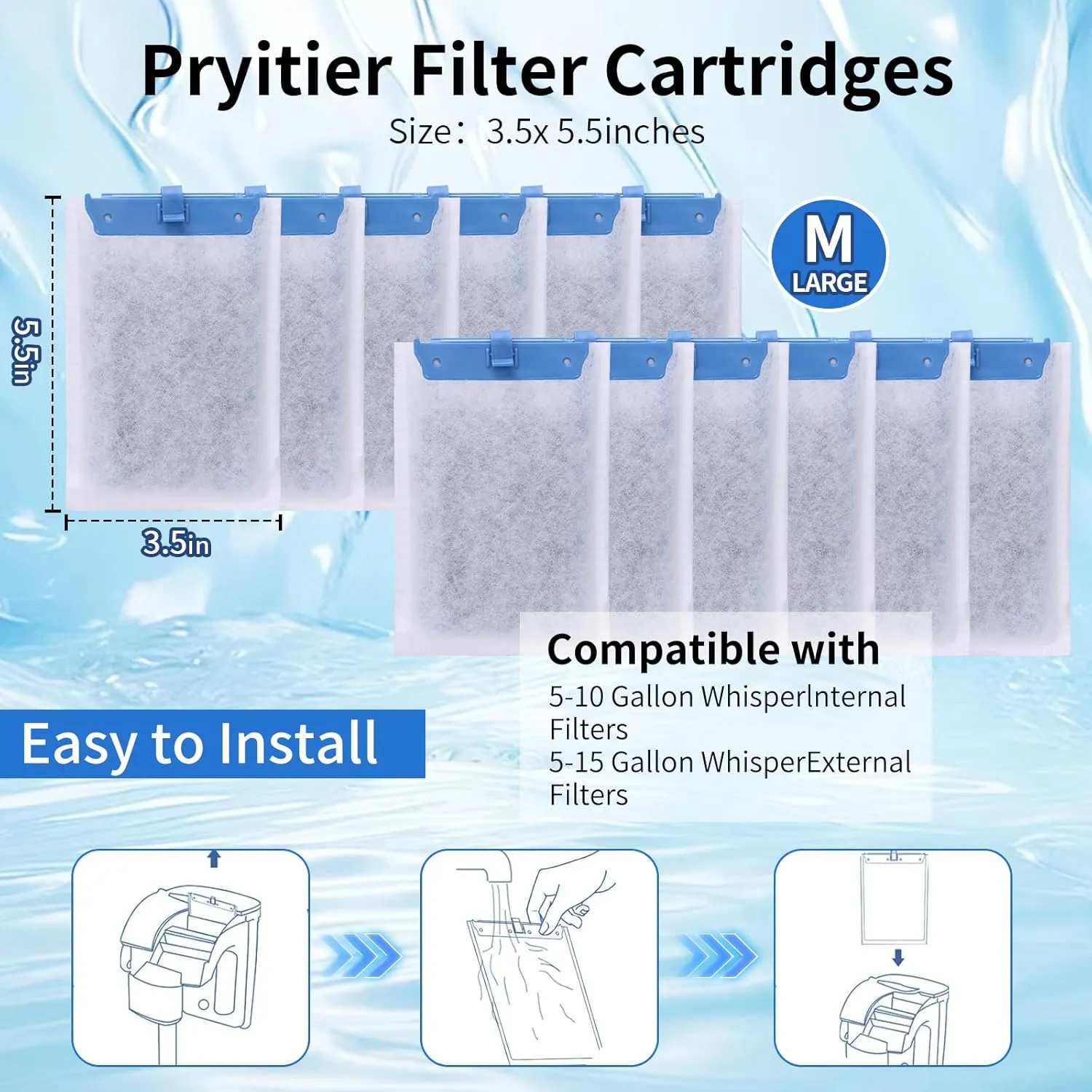 Medium Replacement Filter Cartridges Compatible with Tetra Whisper Bio-Bag for Whisper PF10, 10i, and ReptoFilter 90 GPH – 10-Count, Ideal for 5-10 Gallon Aquariums