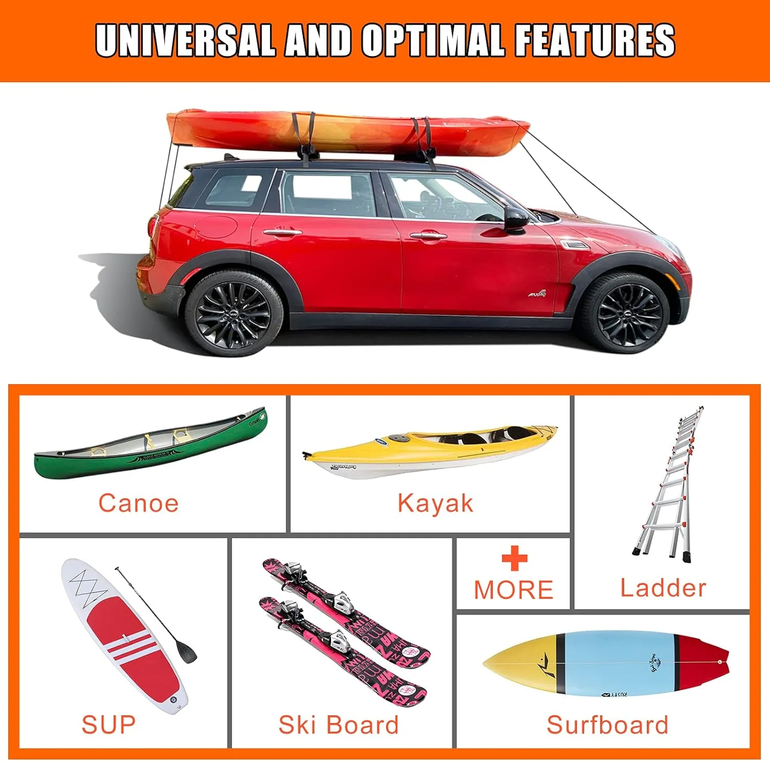 MeeFar Universal Car Soft Roof Rack Pads Luggage Carrier System for Kayak Surfboard SUP Canoe Include 2 Heavy Duty Tie Down Straps, 2 Tie Down Rope, 2 Quick Loop Strap and Storage Bag