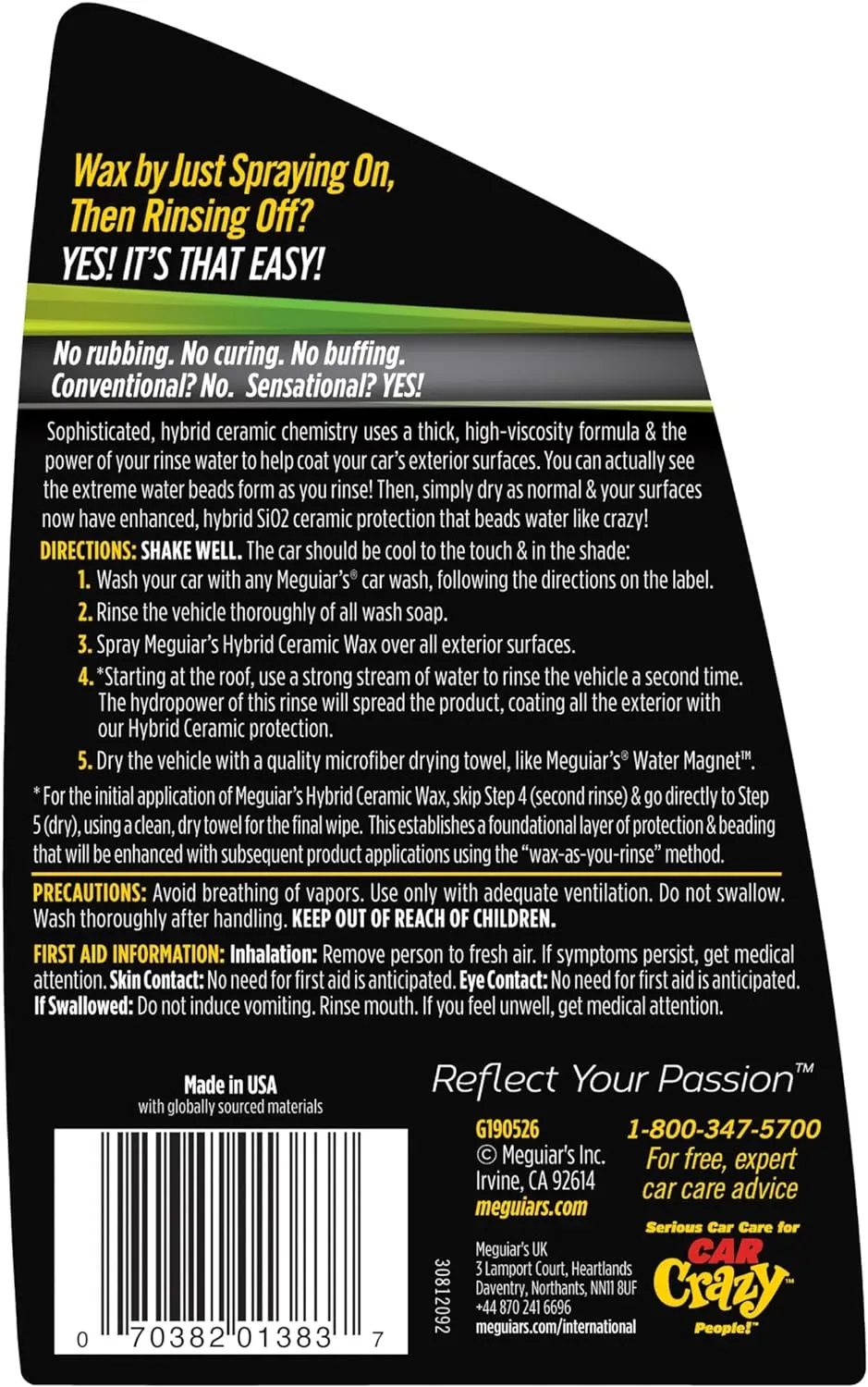 Meguiar's Hybrid Ceramic Wax, Easy-to-Use Spray Wax for Car Detailing with the Superior Protective Power of Advanced SiO2 Hybrid Barrier Technology, 26 Oz Spray Bottle