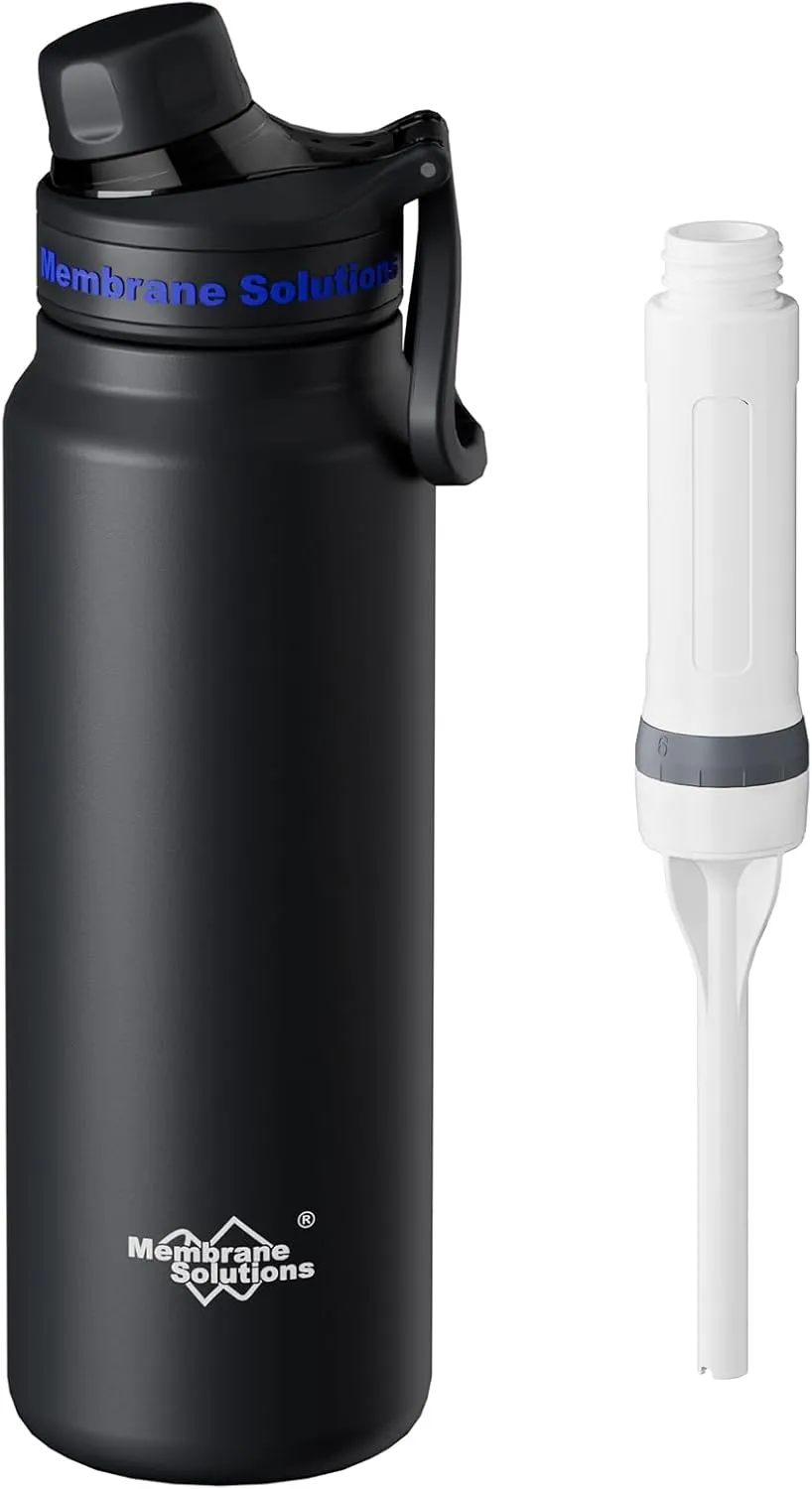 Membrane Solutions C3 Filtered Water Bottle, 32oz Stainless Steel Water Bottle with Replaceable Filter Cartridge, Portable Water Filter, Travel, Hiking & Camping for Clean Drinking Water(Black)