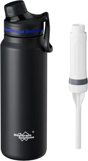 Membrane Solutions C3 Filtered Water Bottle, 32oz Stainless Steel Water Bottle with Replaceable Filter Cartridge, Portable Water Filter, Travel, Hiking & Camping for Clean Drinking Water(Black)