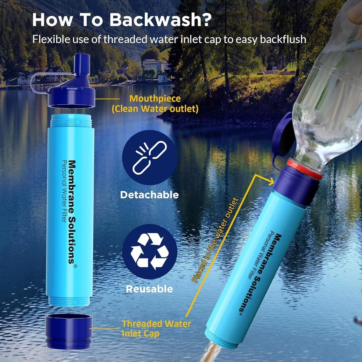 Membrane Solutions Straw Water Filter S1, NSF/ANSI 42&372&401 certificated, Survival Filtration Portable Gear, Emergency Preparedness, Supply for Drinking Hiking Camping Team Family Outing