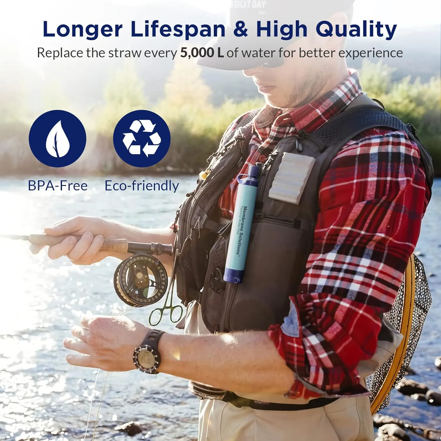 Membrane Solutions Straw Water Filter S1, NSF/ANSI 42&372&401 certificated, Survival Filtration Portable Gear, Emergency Preparedness, Supply for Drinking Hiking Camping Team Family Outing