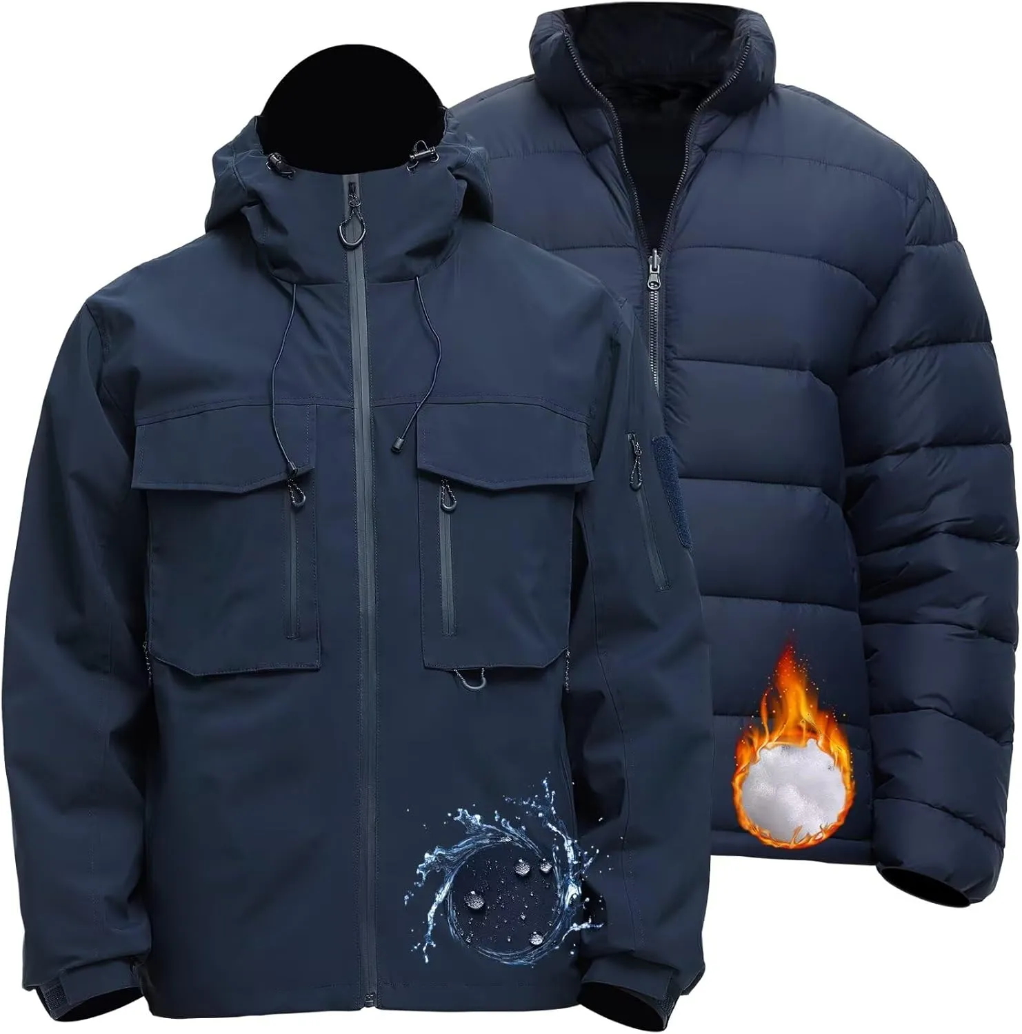 Men's 3 in 1 Waterproof Winter Jackets Ski Warm Snow Rain Coat Puffer Liner Hood Windbreaker