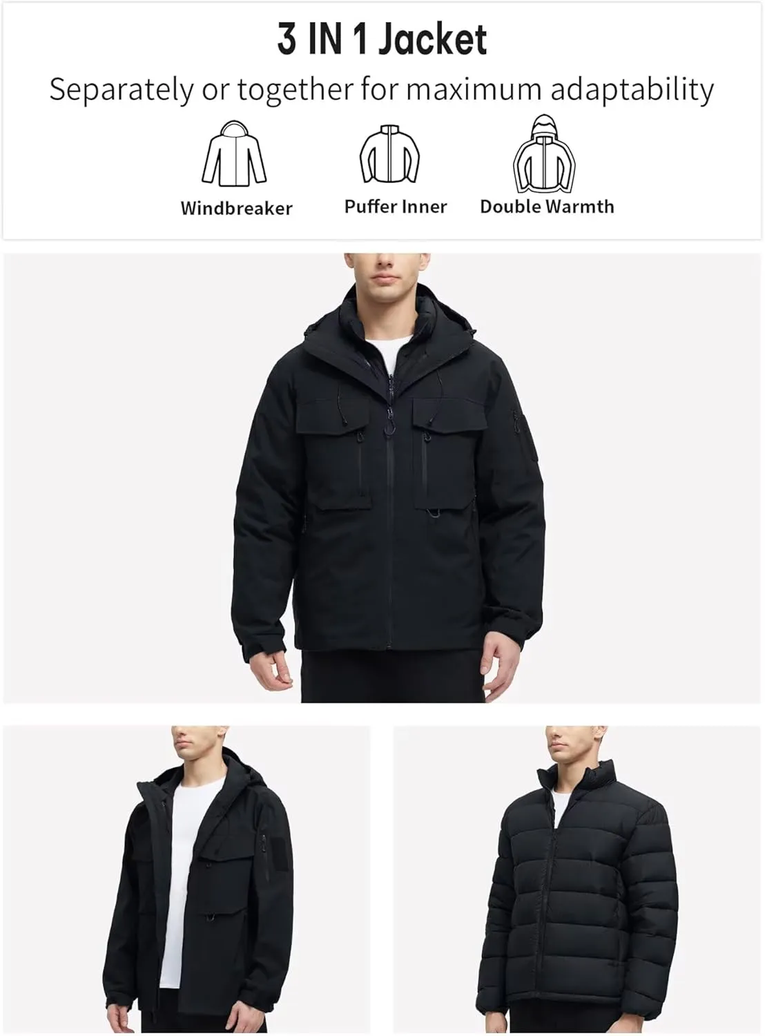 Men's 3 in 1 Waterproof Winter Jackets Ski Warm Snow Rain Coat Puffer Liner Hood Windbreaker