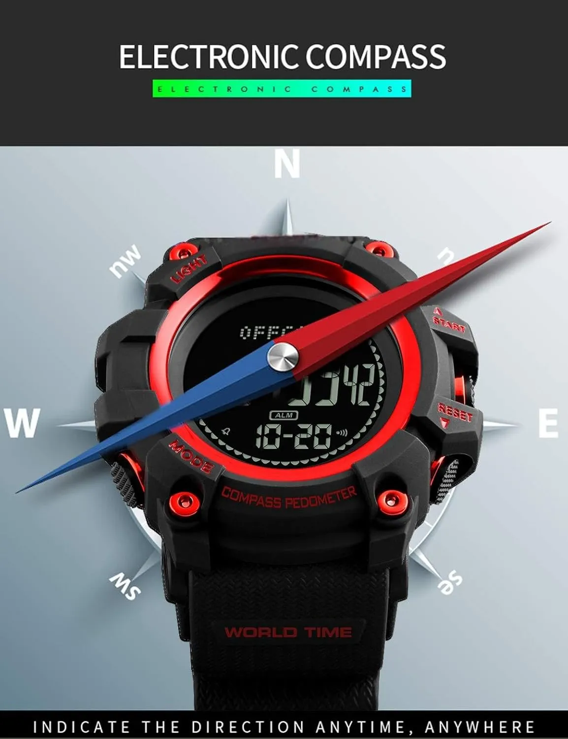 Mens Digital Sports Watch Waterproof Military Outdoor Compass Multifunction Wrist Watch Pedometer Calorie
