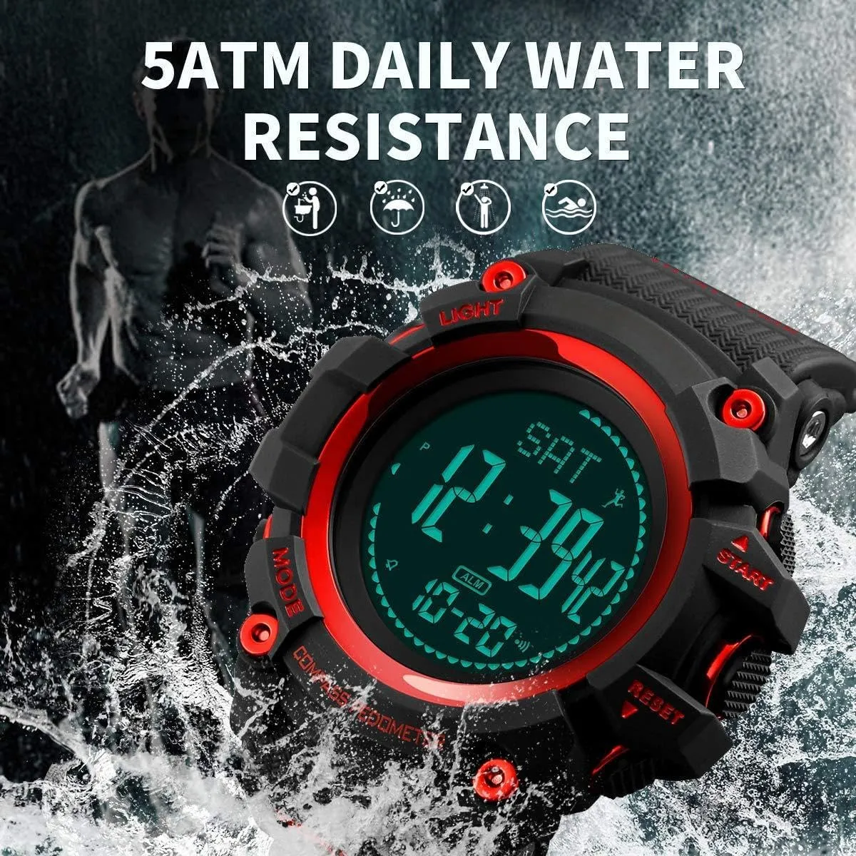 Mens Digital Sports Watch Waterproof Military Outdoor Compass Multifunction Wrist Watch Pedometer Calorie