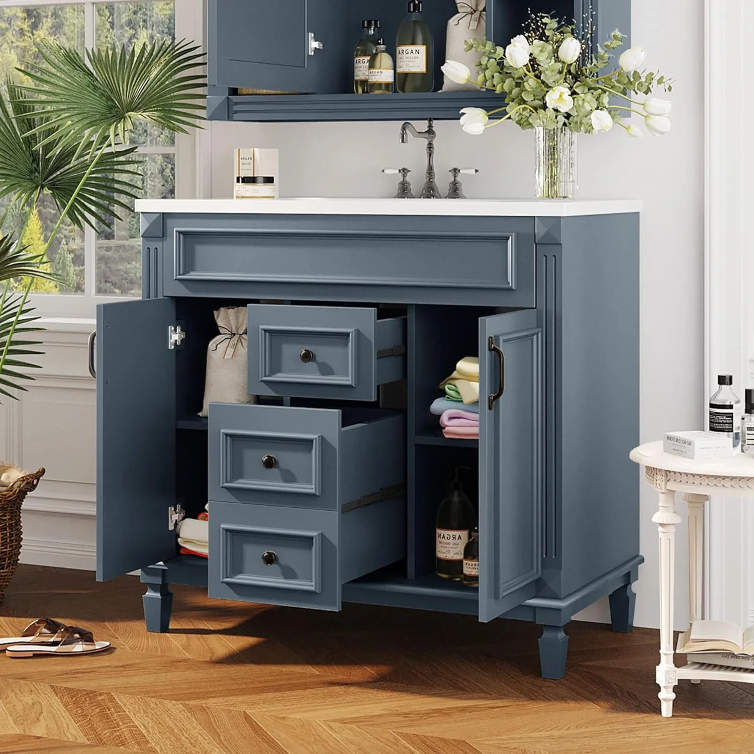 Merax 36" Bathroom Vanities with Single Sink, Modern Undermount Bathroom Sink Cabinet with 3 Closing Doors & 2 Full Extension Dovetail Drawers