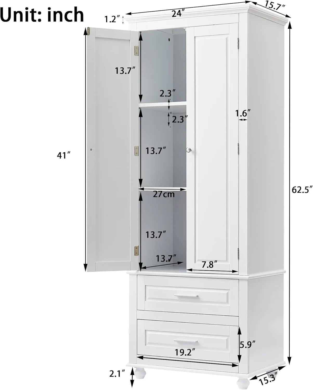 Merax 62.5" Kitchen Pantry Cabinet with Doors and Drawers, Storage Shelf Organizers for Home, Bathroom and Living Room, Solid Wood Legs,