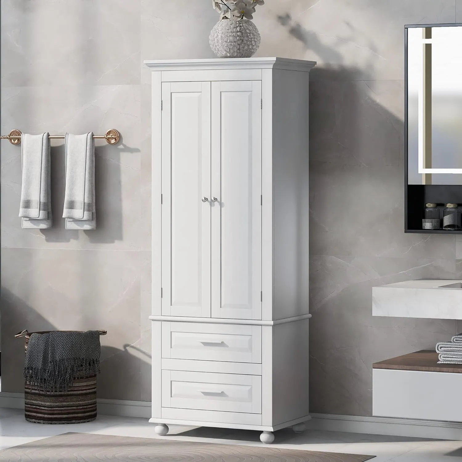 Merax 62.5" Kitchen Pantry Cabinet with Doors and Drawers, Storage Shelf Organizers for Home, Bathroom and Living Room, Solid Wood Legs,