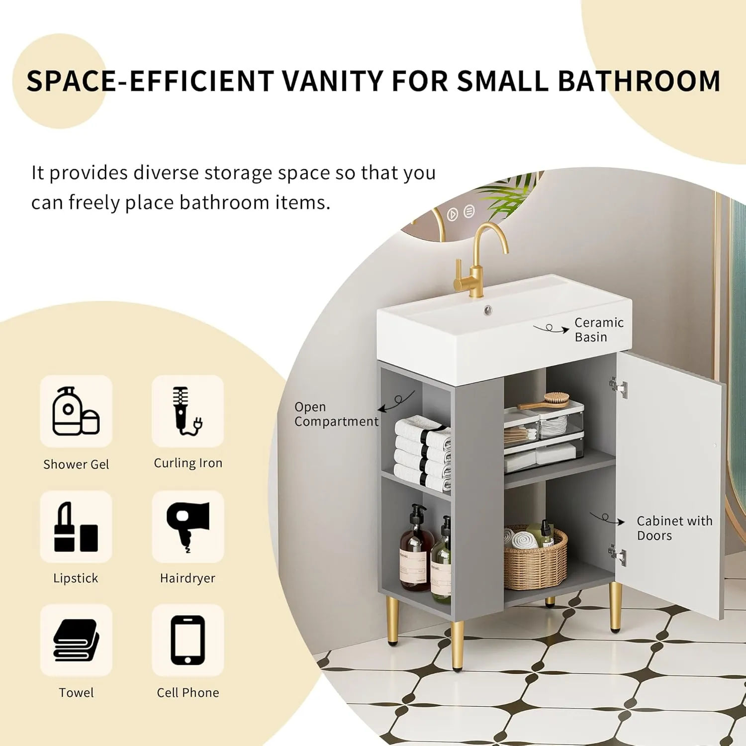 Merax Bathroom Vanity, Undermount Sinks Vanity with Side Storage, 20 Inch Free Standing Bathroom Storage Cabinet Combo Set, One Piece Sink Basin Bathroom Vanity, Gray
