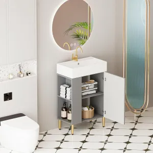 Merax Bathroom Vanity, Undermount Sinks Vanity with Side Storage, 20 Inch Free Standing Bathroom Storage Cabinet Combo Set, One Piece Sink Basin Bathroom Vanity, Gray