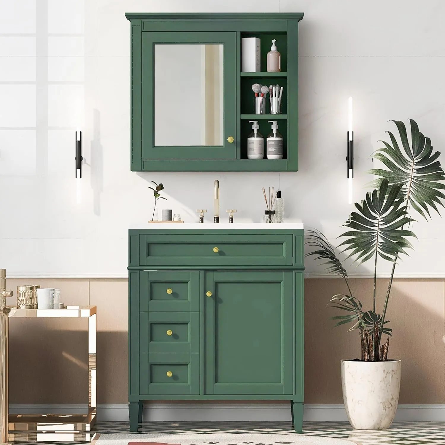 Merax Modern 30" Bathroom Vanity Combo with Matching Medicine Cabinet, Freestanding Solid Wood Frame Bathroom Sink Cabinet with Undermount Sink Top