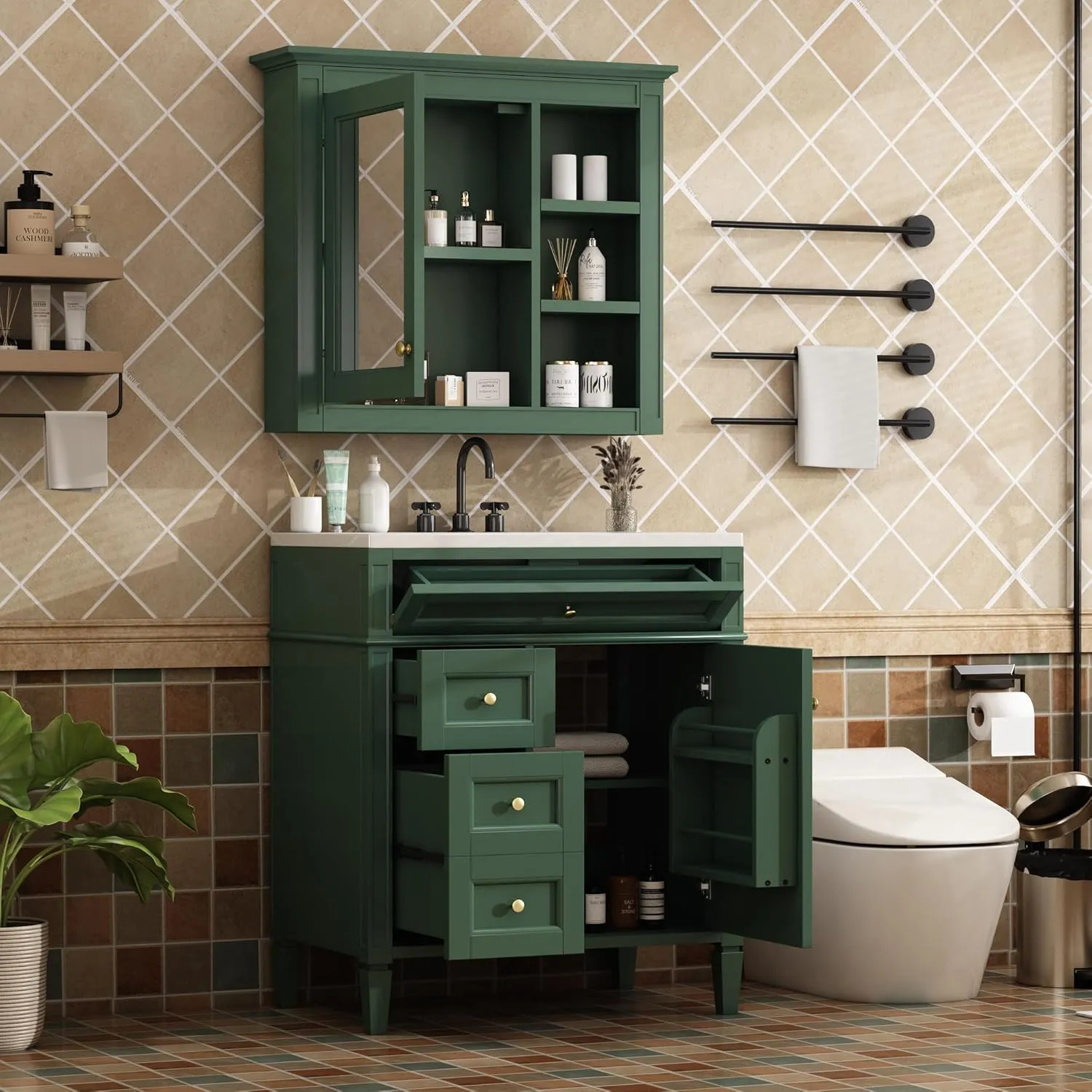 Merax Modern 30" Bathroom Vanity Combo with Matching Medicine Cabinet, Freestanding Solid Wood Frame Bathroom Sink Cabinet with Undermount Sink Top