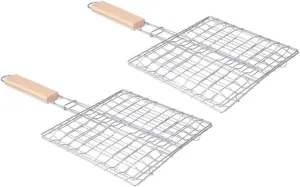 MERRYHAPY 2pcs Stainless Steel Barbecue Net Square Foldable BBQ Grill with Wooden Handle Outdoor Picnic BBQ Accessory for Even Cooking and Easy Cleaning