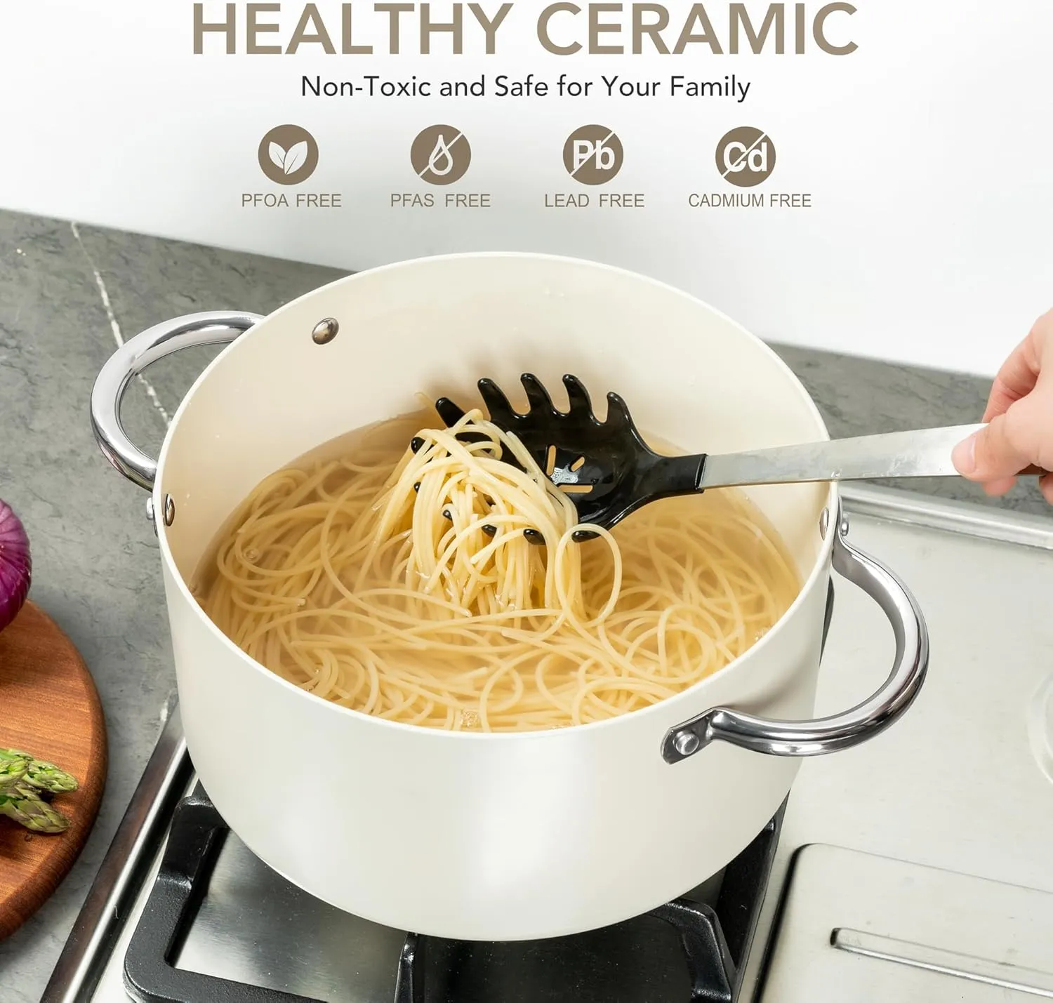 MICHELANGELO 5 Quart Cream Nonstick Stock Pot with Lid, Aluminum, Stainless Steel Handle, Induction Compatible